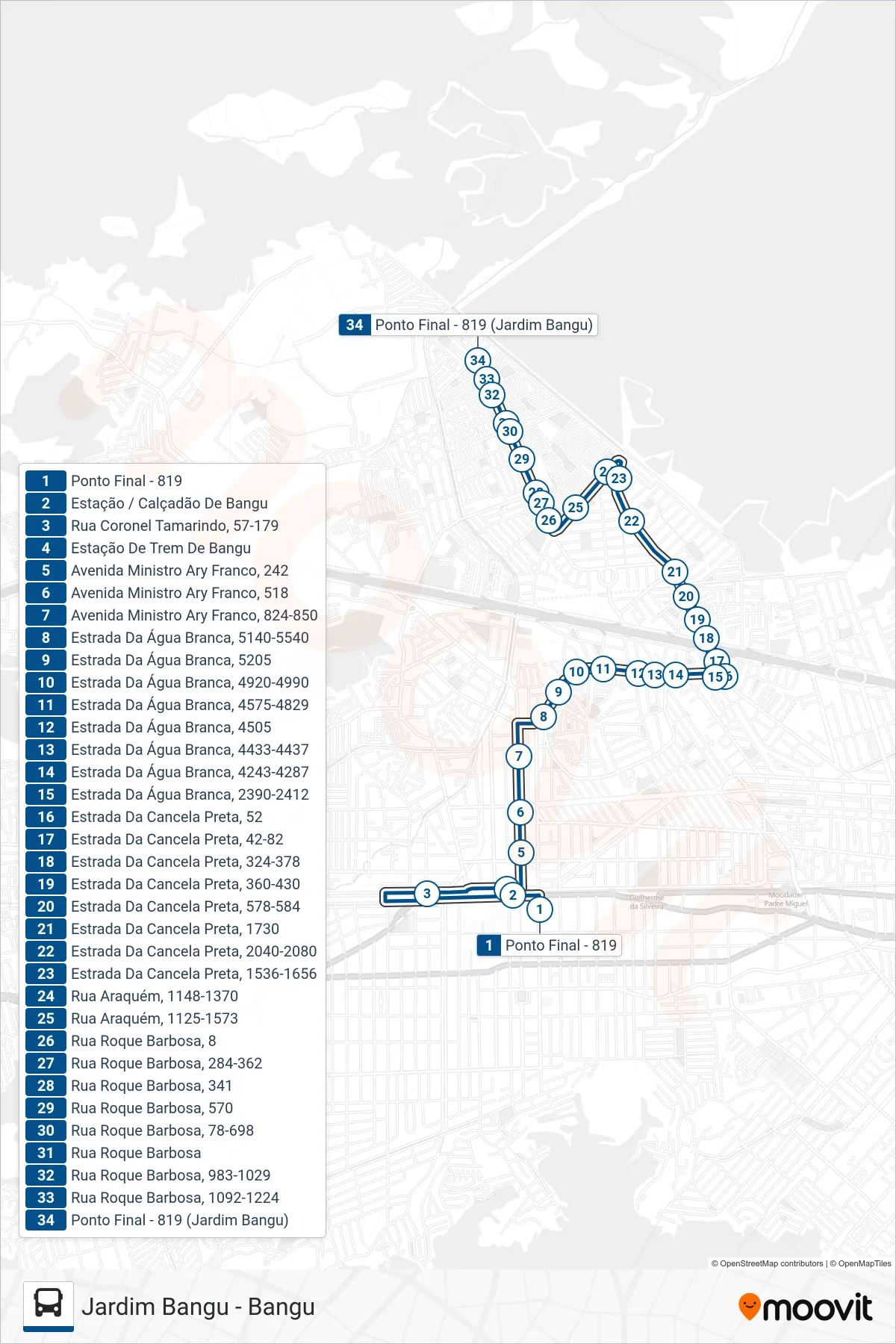 Rota e paradas da linha de ônibus 819 (Jardim Bangu) no mapa