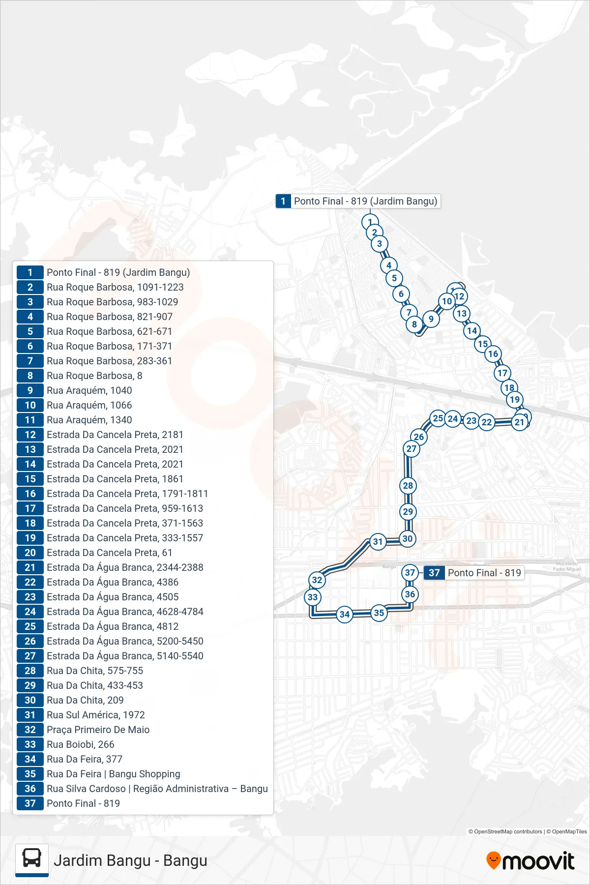 Rota e paradas da linha de ônibus 819 (Bangu) no mapa