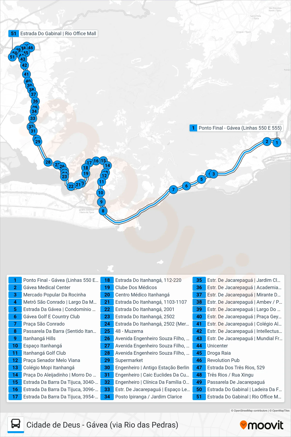 Rota e paradas da linha de ônibus 550 (Freguesia) no mapa