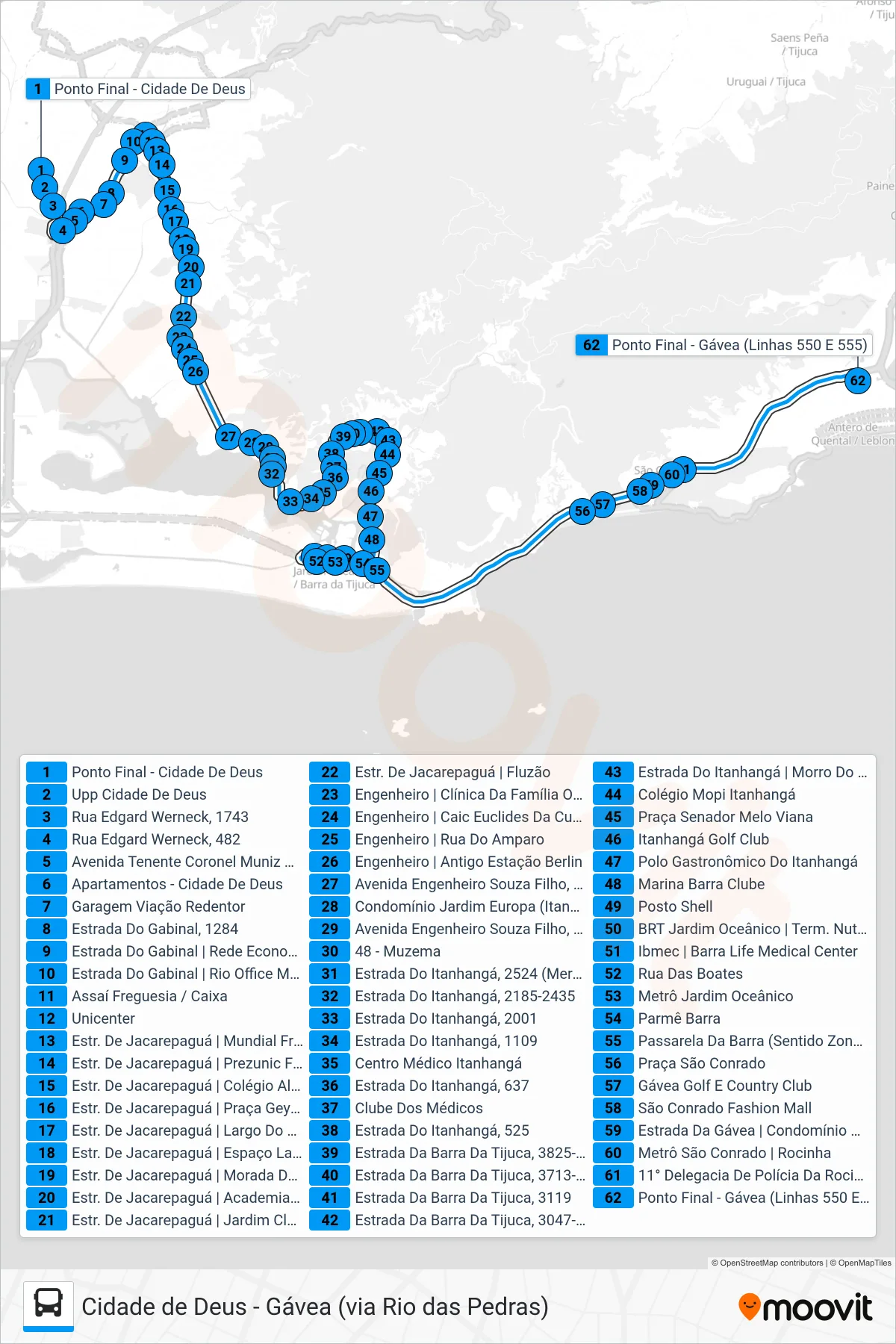 Rota e paradas da linha de ônibus  550  (Gávea (via Engenheiro)) no mapa