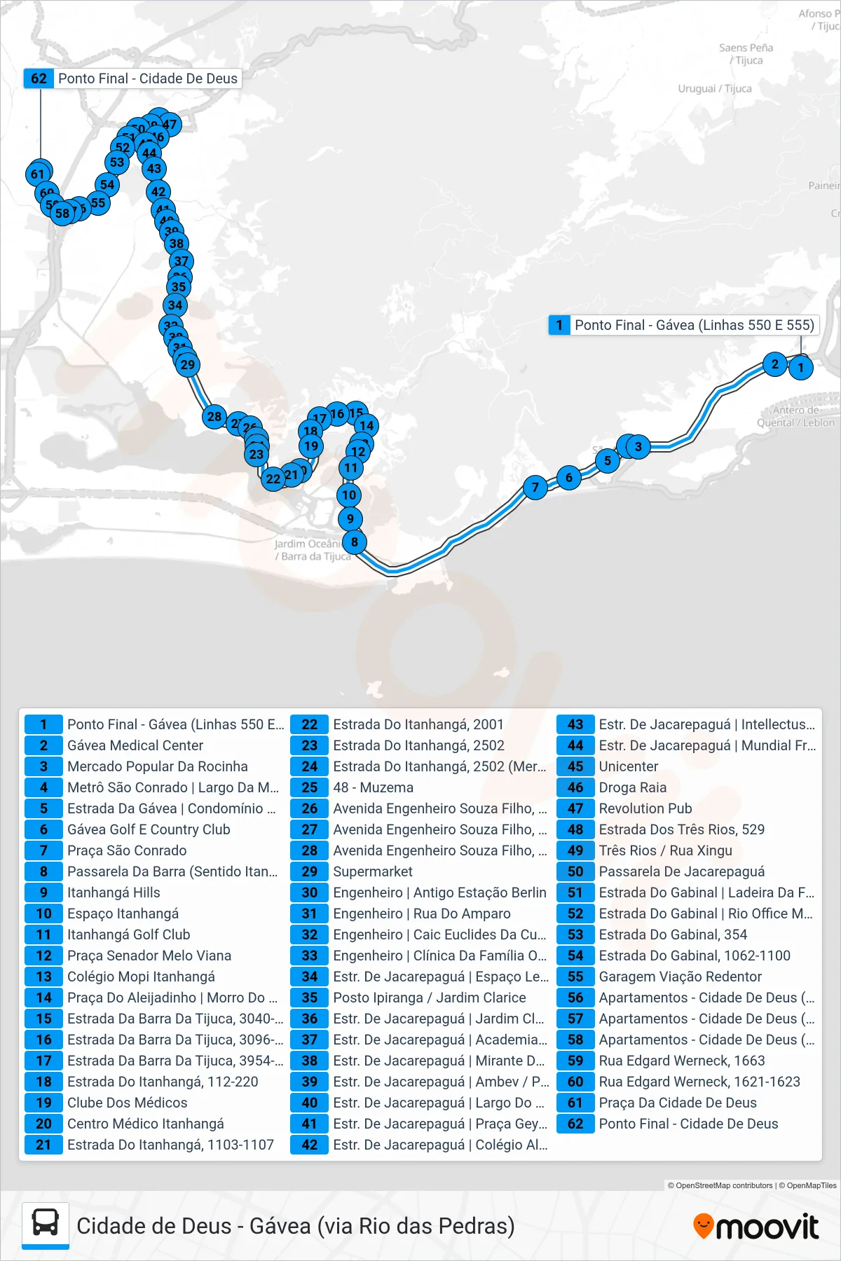 Rota e paradas da linha de ônibus 550 (Cidade de Deus (via Engenheiro)) no mapa