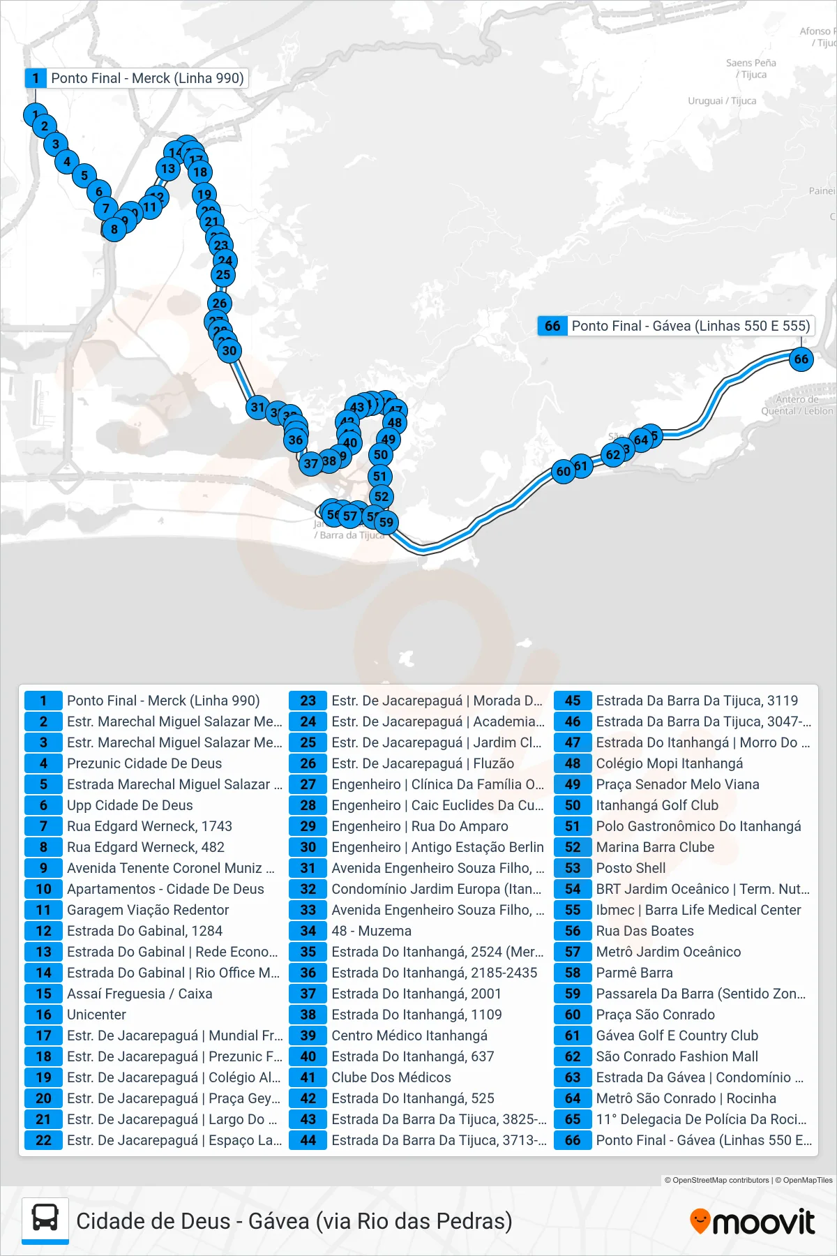 550 bus Line (Gávea (via Engenheiro) (Feira na Cidade De Deus)) route and stops on a map