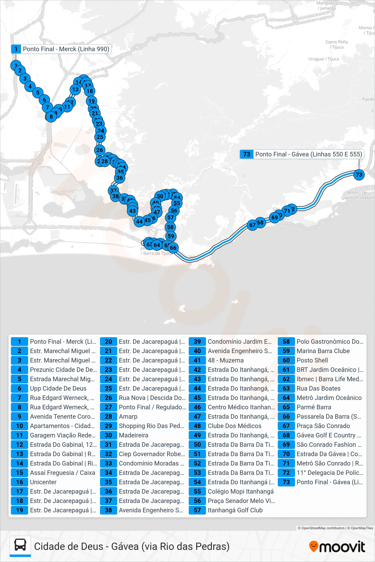 Rota e paradas da linha de ônibus 550 (Gávea (via Floresta)) no mapa