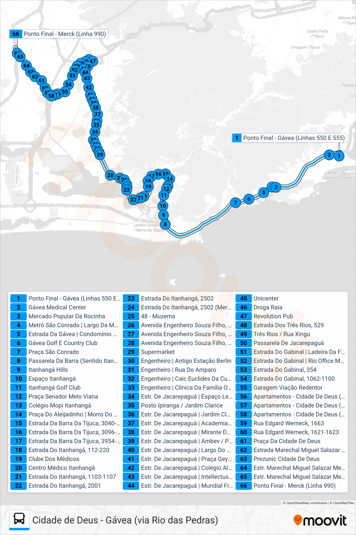 Rota e paradas da linha de ônibus 550 (Cidade de Deus (via Engenheiro) (Feira na Cidade De Deus)) no mapa