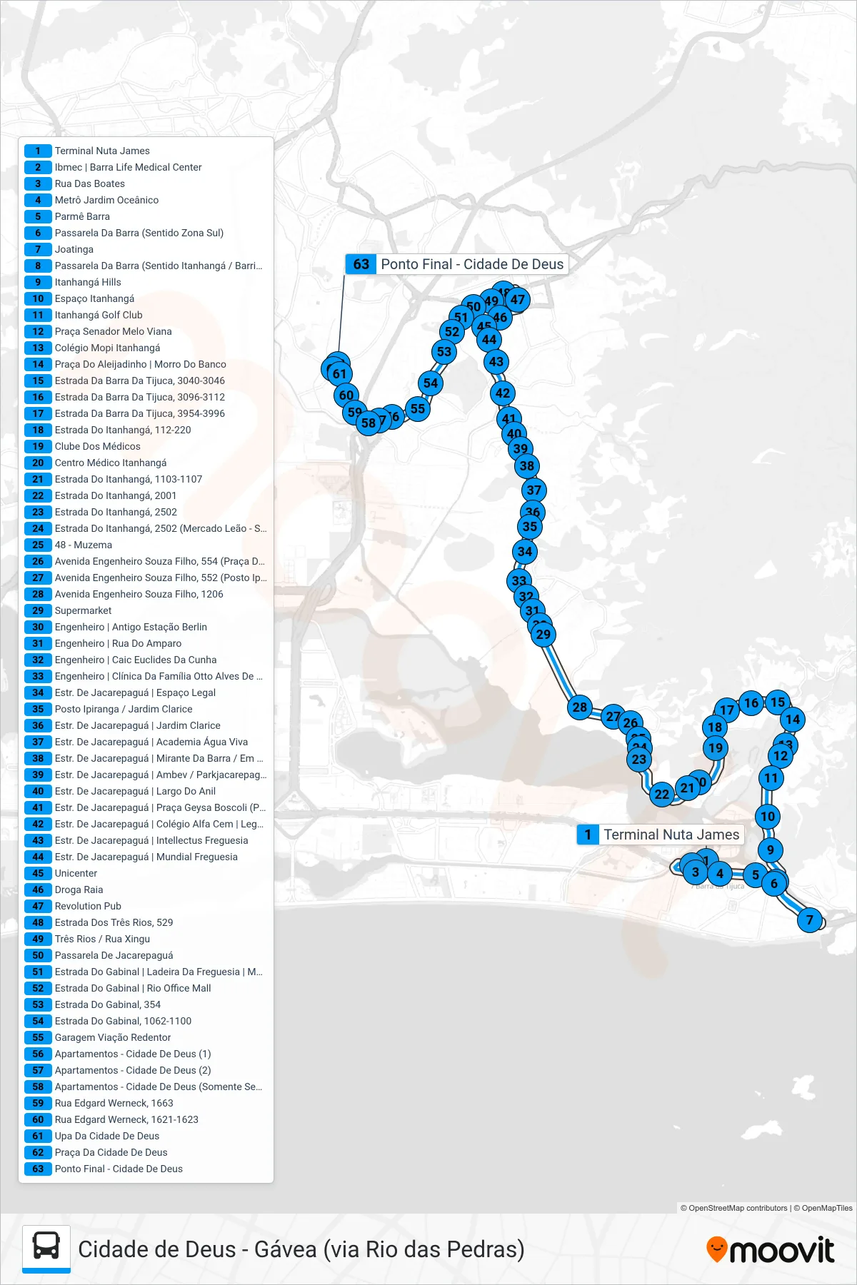 Rota e paradas da linha de ônibus 550 (Jardim Oceânico → Cidade De Deus) no mapa