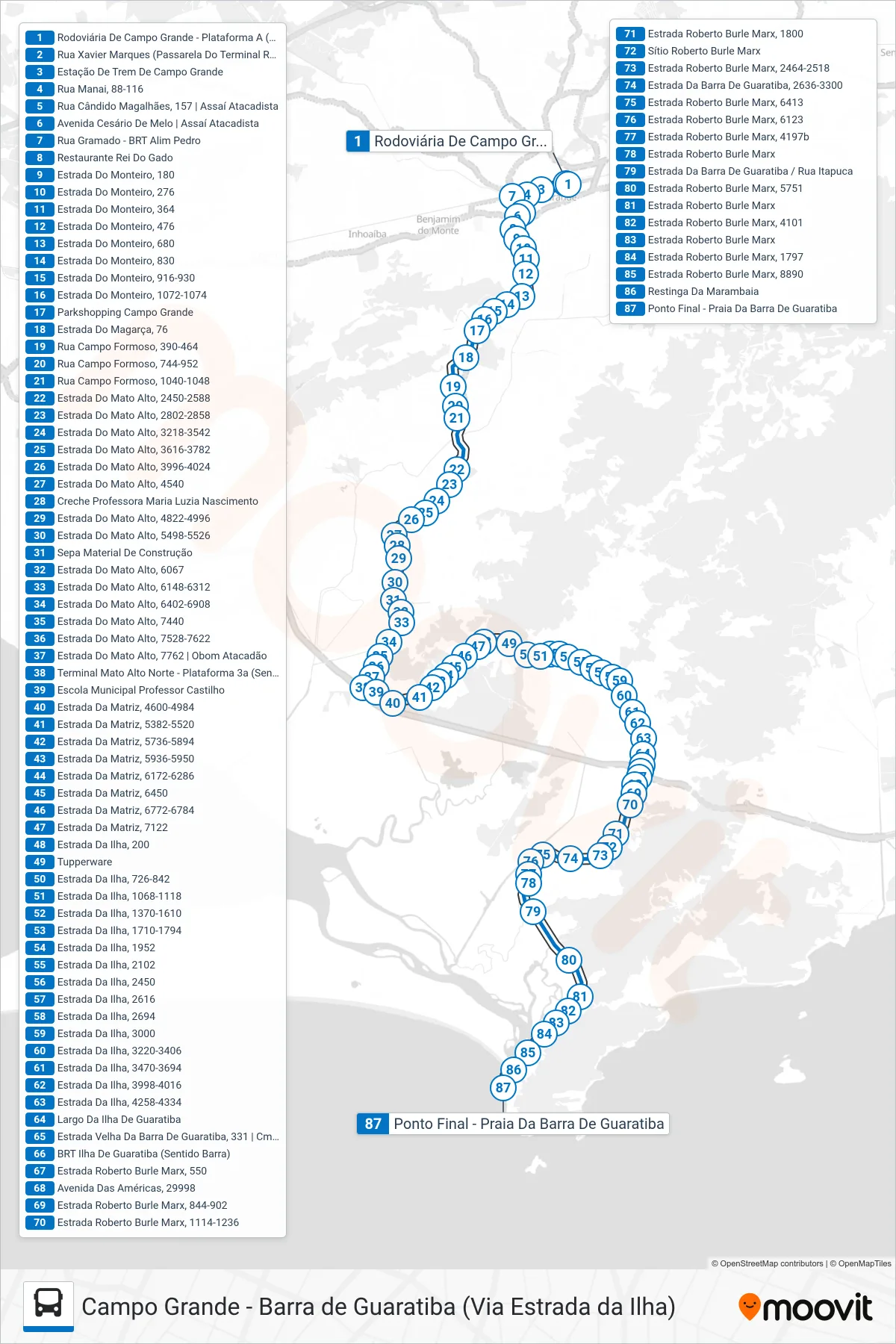 Rota e paradas da linha de ônibus  867  (Barra De Guaratiba) no mapa