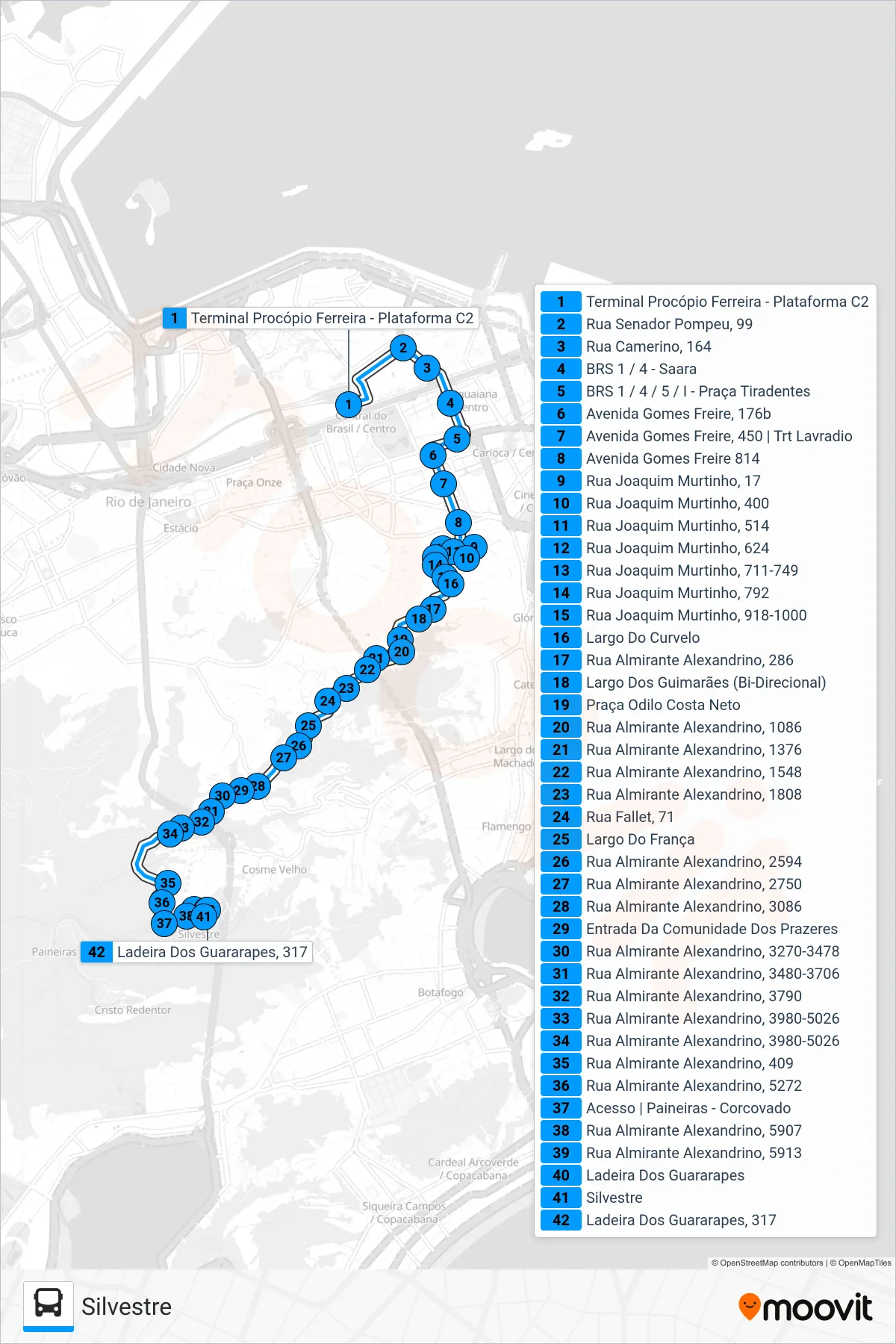 Rota e paradas da linha de ônibus 007 (Silvestre) no mapa