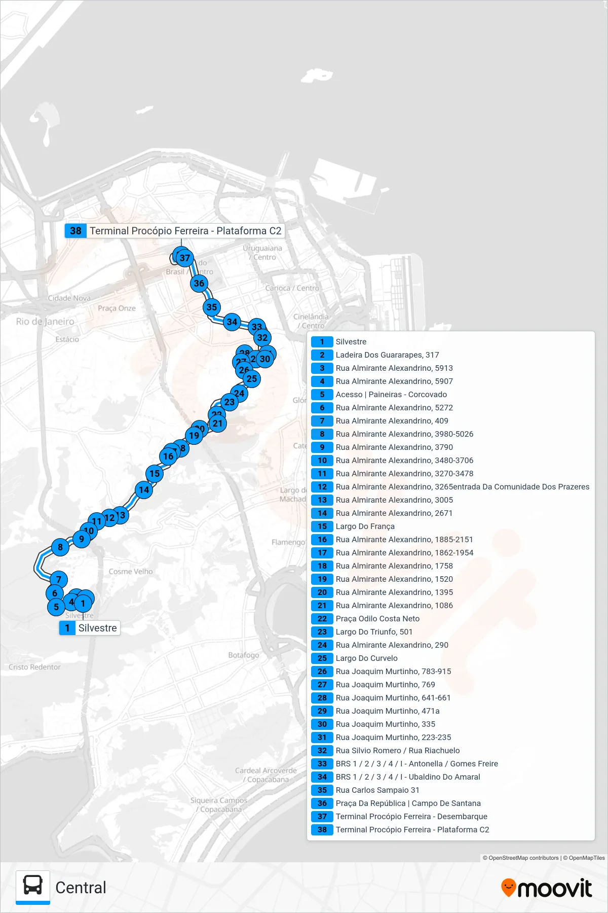 Rota e paradas da linha de ônibus  007  (Central) no mapa