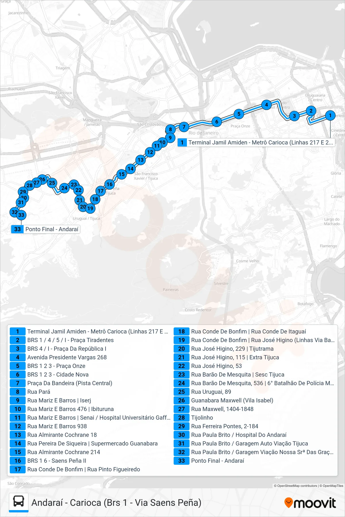 Rota e paradas da linha de ônibus 217 (Andaraí) no mapa