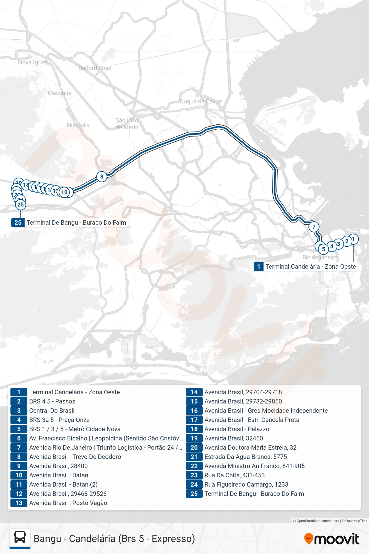 Rota e paradas da linha de ônibus  369  (Bangu (Expresso)) no mapa
