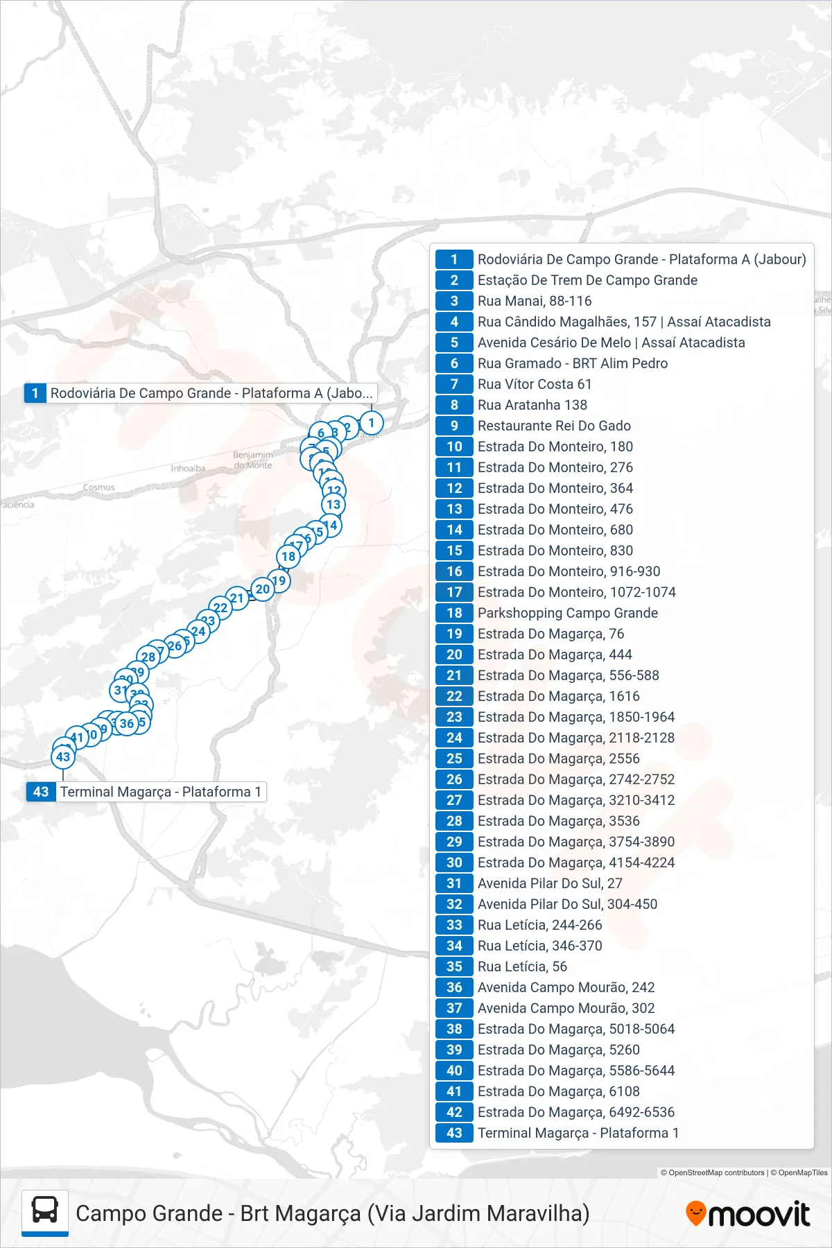 Rota e paradas da linha de ônibus 838 (BRT Magarça) no mapa