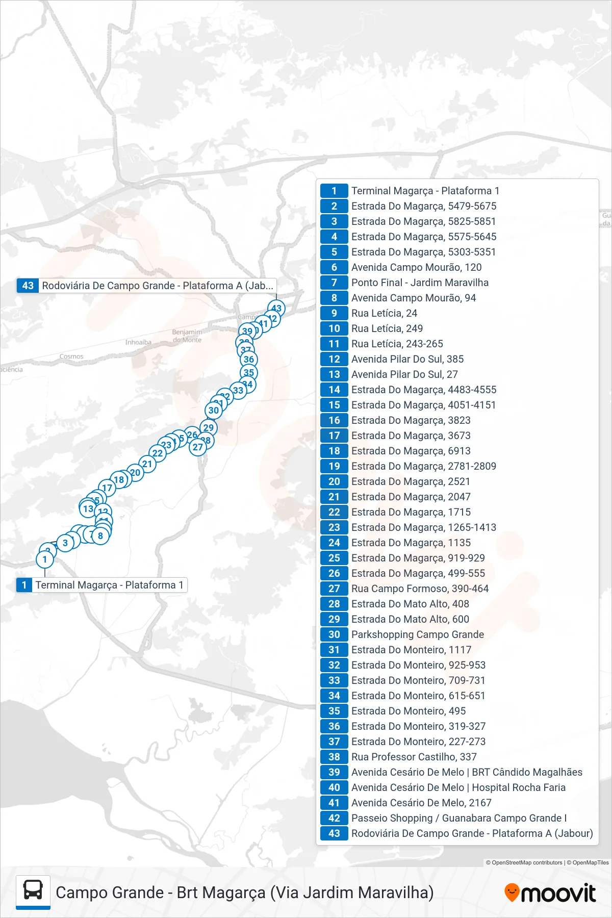 Rota e paradas da linha de ônibus 838 (Campo Grande) no mapa