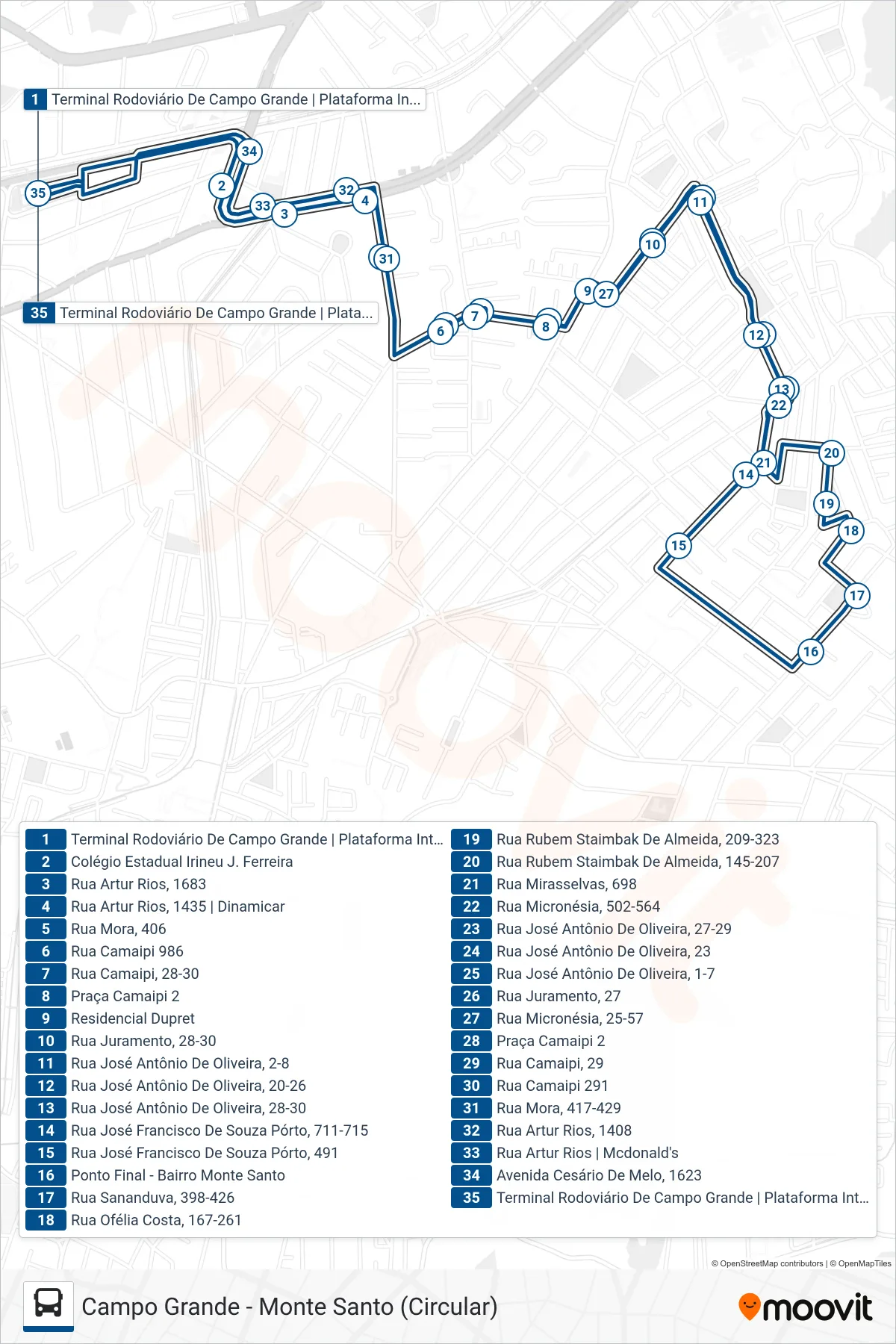 Rota e paradas da linha de ônibus 848 (Campo Grande ↔ Monte Santo) no mapa