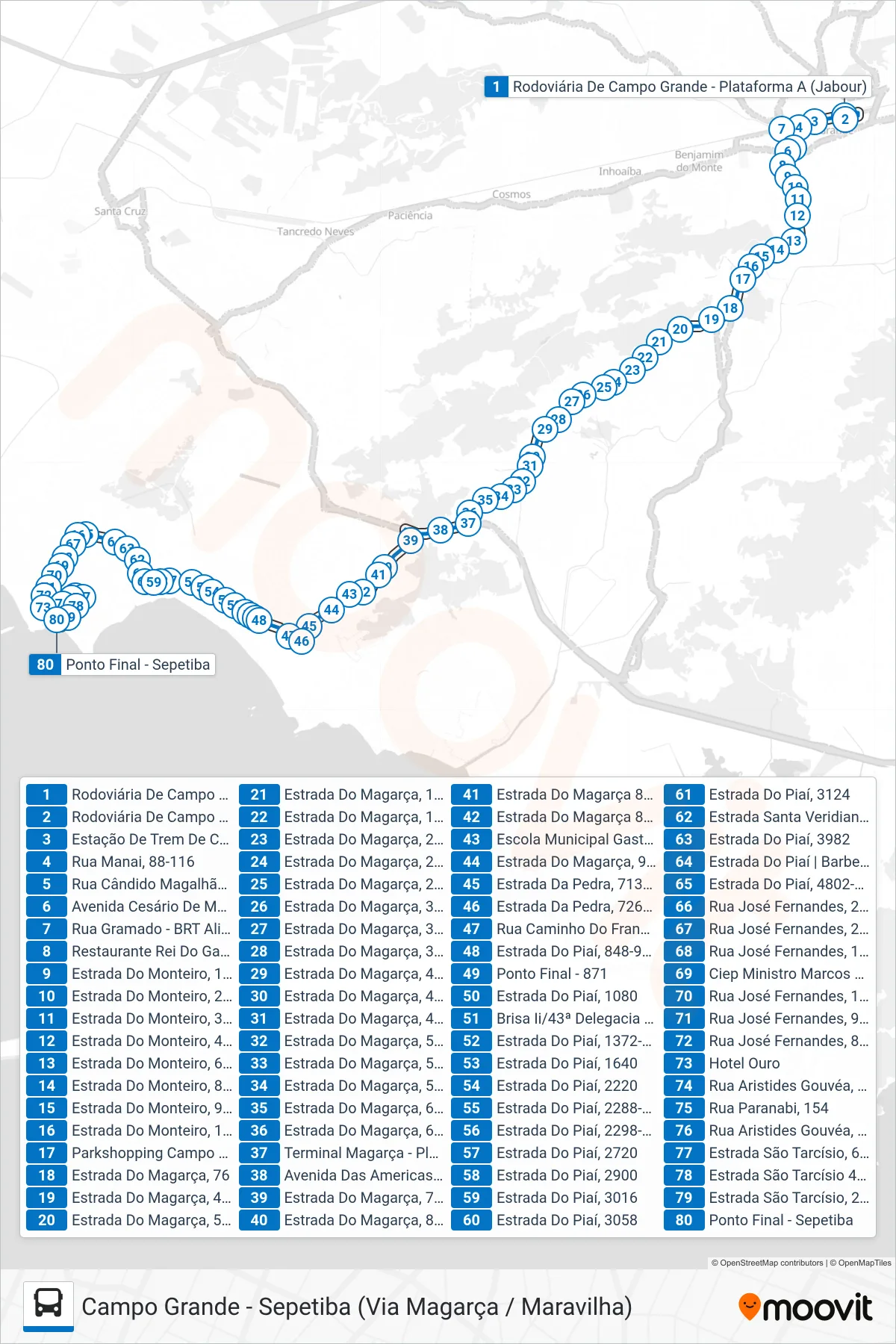 Rota e paradas da linha de ônibus 884 (Sepetiba) no mapa