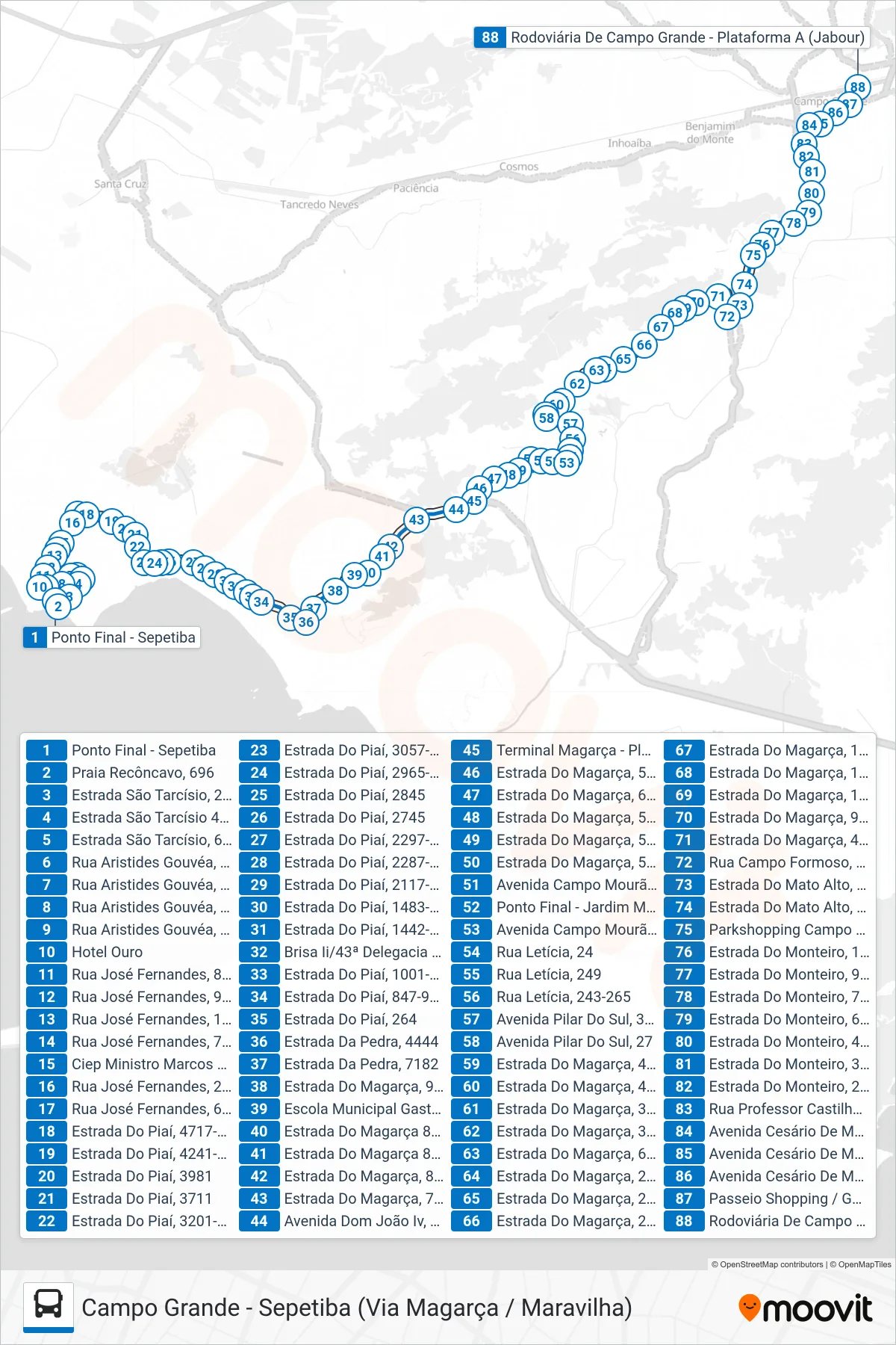 Rota e paradas da linha de ônibus 884 (Campo Grande) no mapa