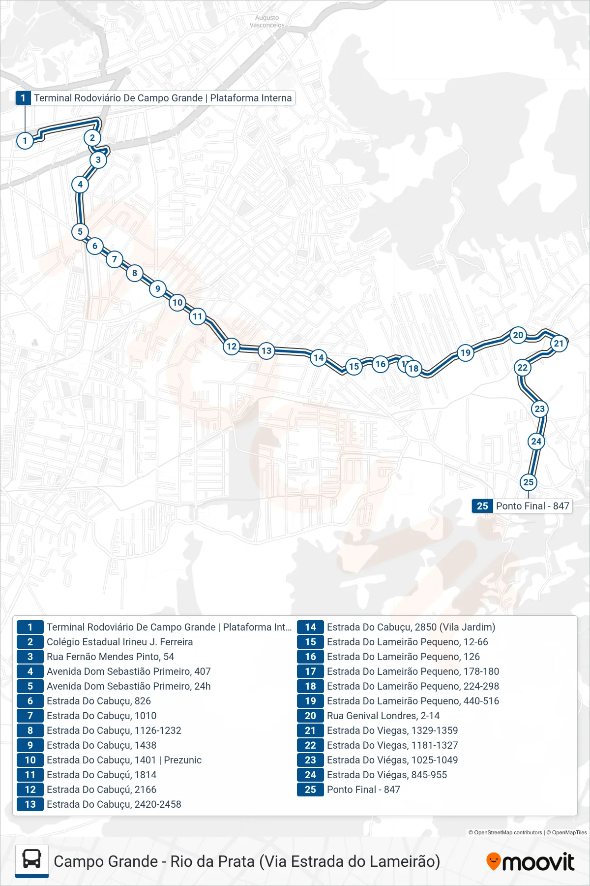 Rota e paradas da linha de ônibus 847 (Rio Da Prata) no mapa