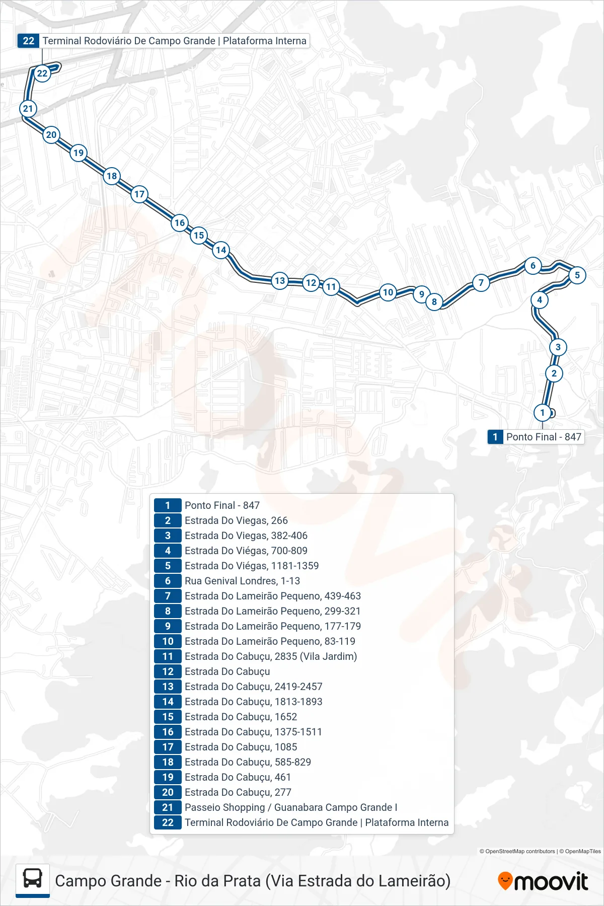 Rota e paradas da linha de ônibus 847 (Campo Grande) no mapa