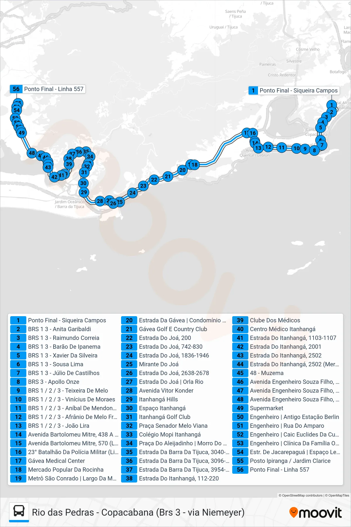 Rota e paradas da linha de ônibus 557 (Rio das Pedras (via Bartolomeu Mitre)) no mapa