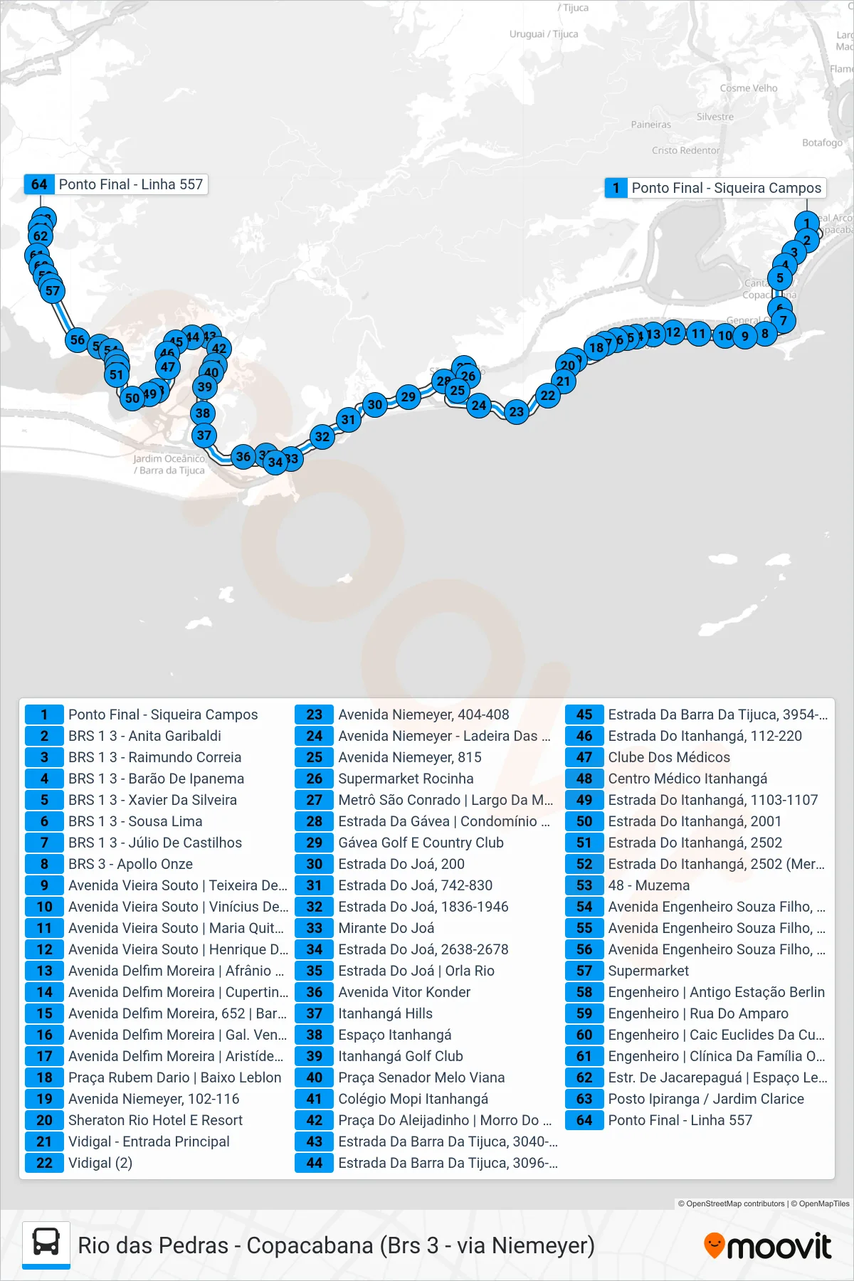 Rota e paradas da linha de ônibus  557  (Rio das Pedras) no mapa