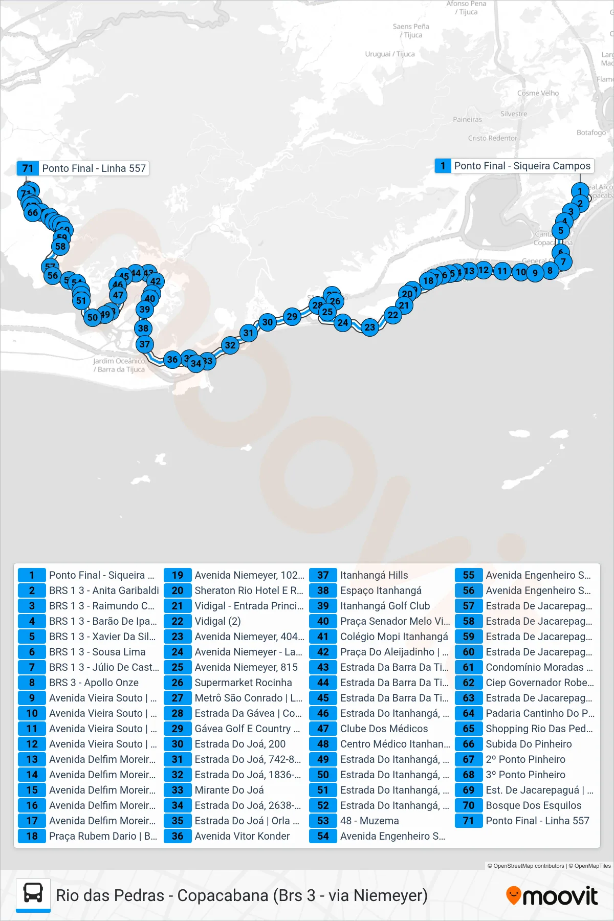 Rota e paradas da linha de ônibus 557 (Rio das Pedras (via Floresta / Pinheiro)) no mapa