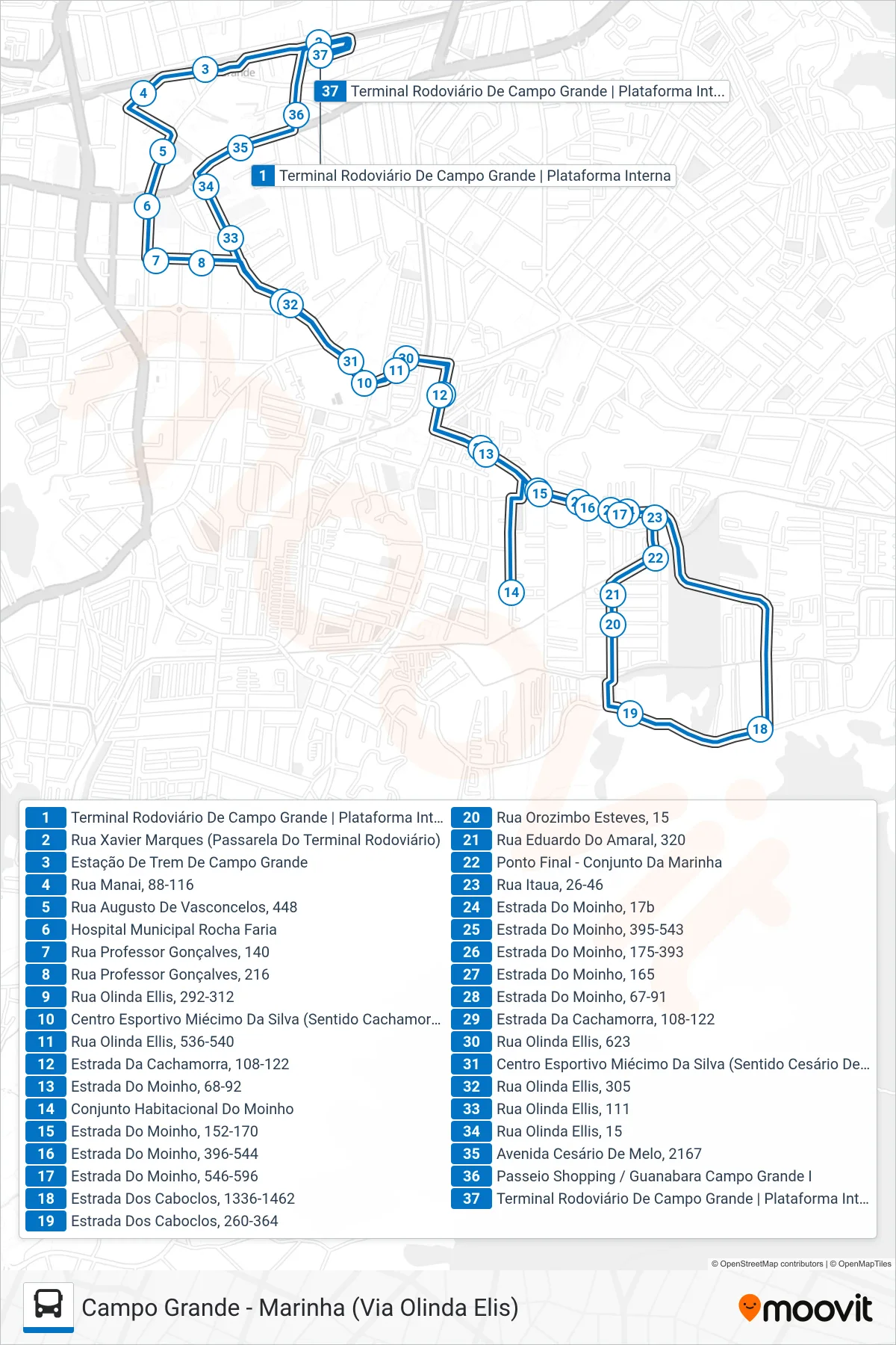 Rota e paradas da linha de ônibus 837 (Campo Grande ↔ Marinha (Circular)) no mapa