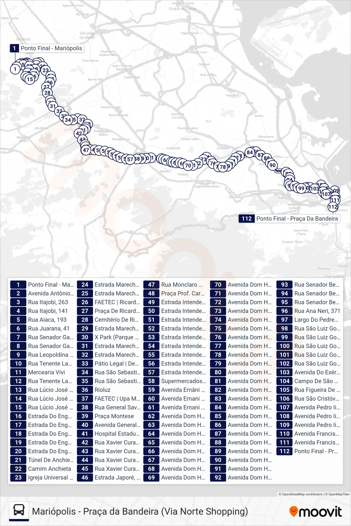 Rota e paradas da linha de ônibus 624 (Praça Da Bandeira) no mapa