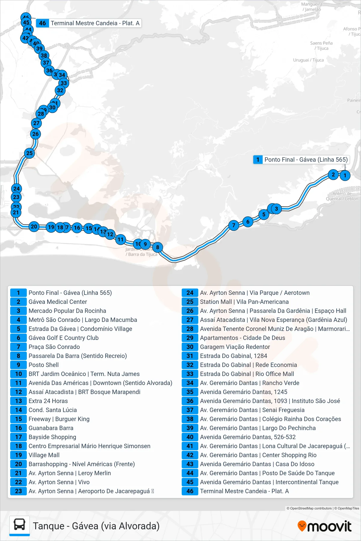565 bus Line (Tanque) route and stops on a map