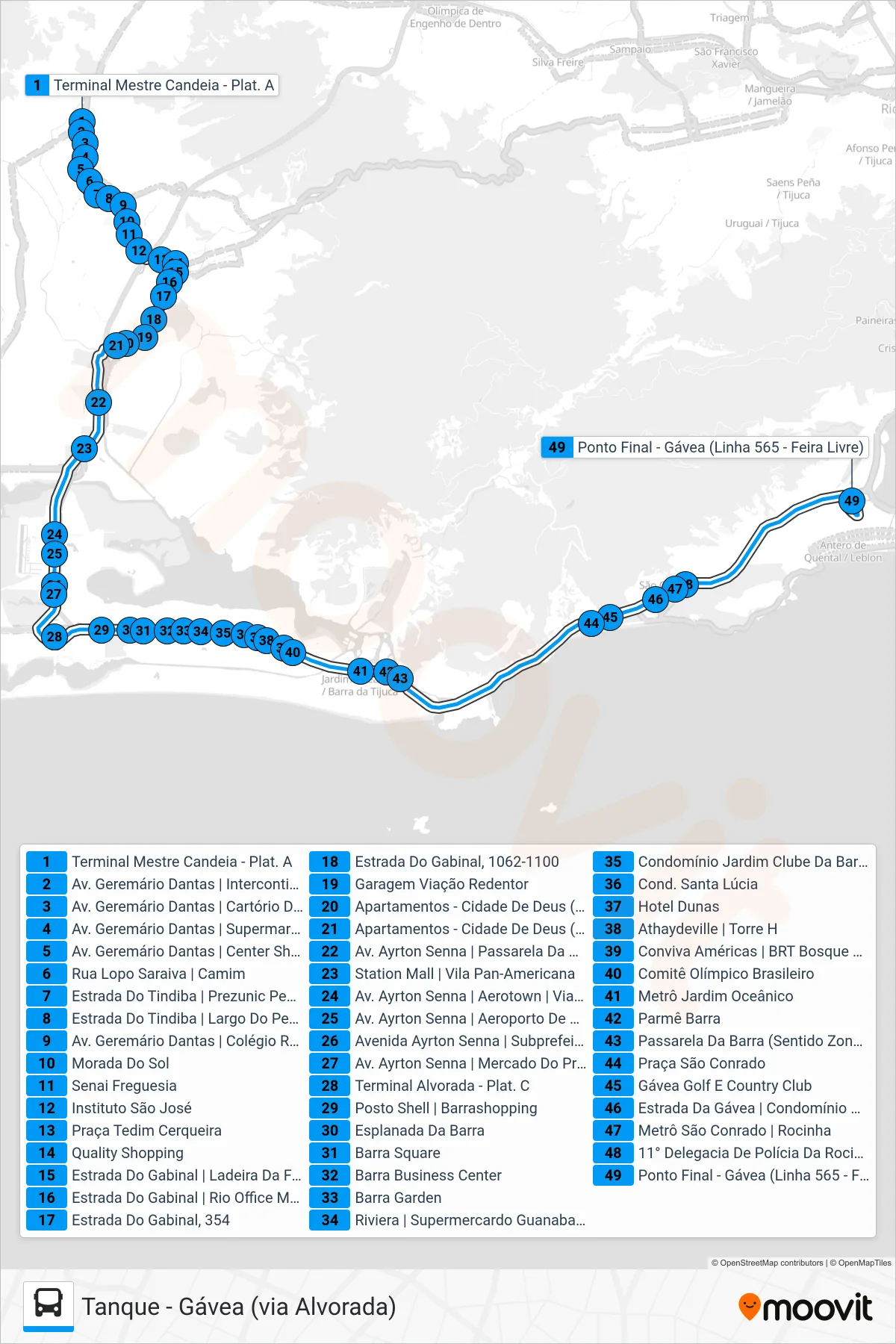 Rota e paradas da linha de ônibus  565  (Gávea (Feira Livre)) no mapa