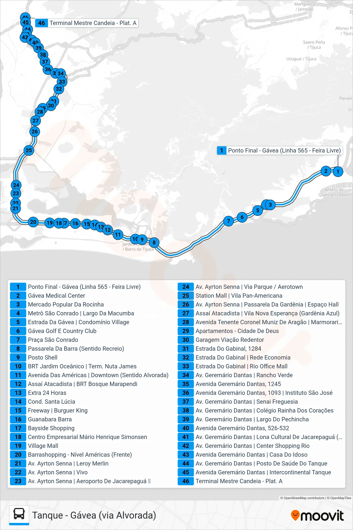 Rota e paradas da linha de ônibus 565 (Tanque (Feira Livre)) no mapa