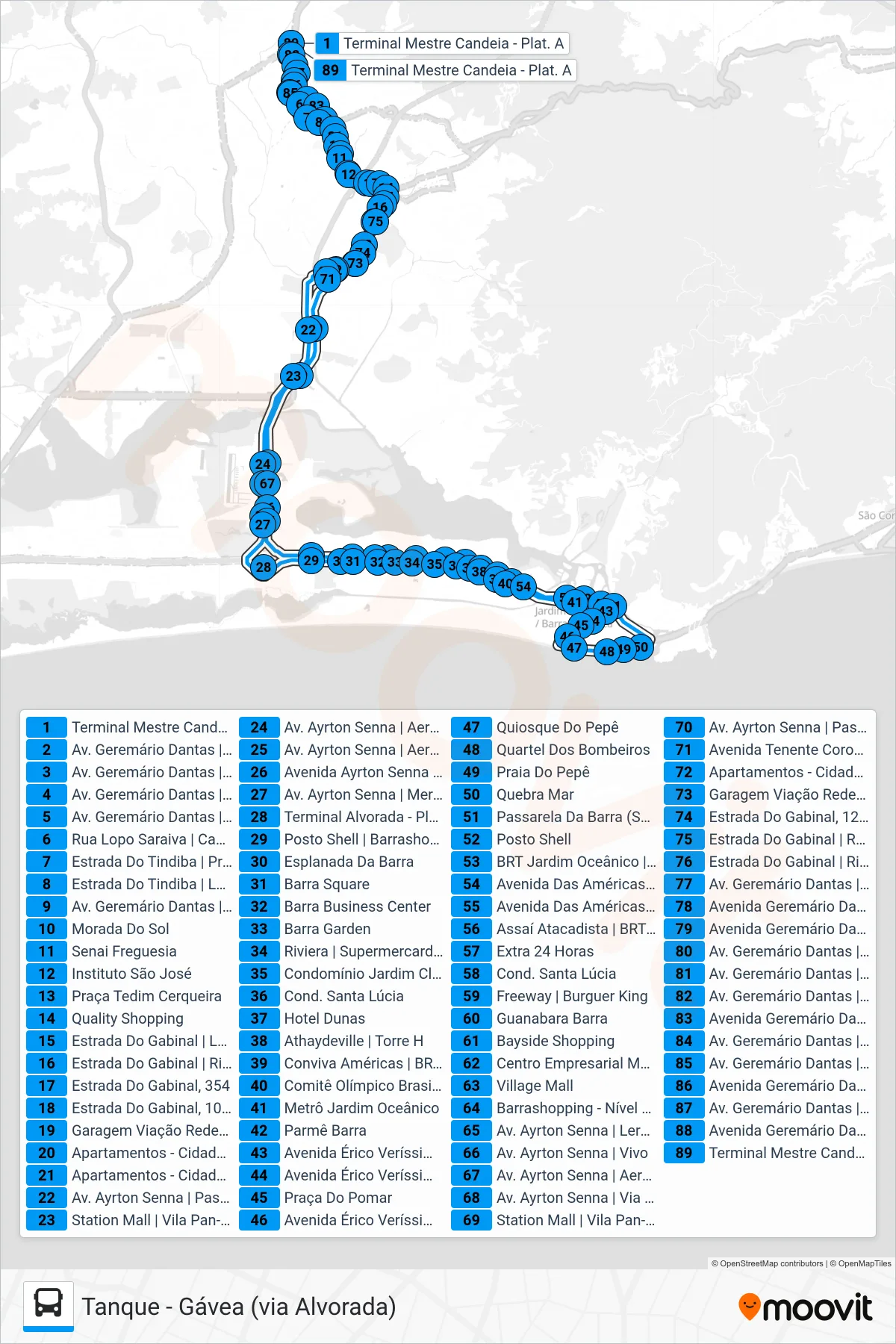 Rota e paradas da linha de ônibus 565 (Tanque ↔ Barra Da Tijuca) no mapa