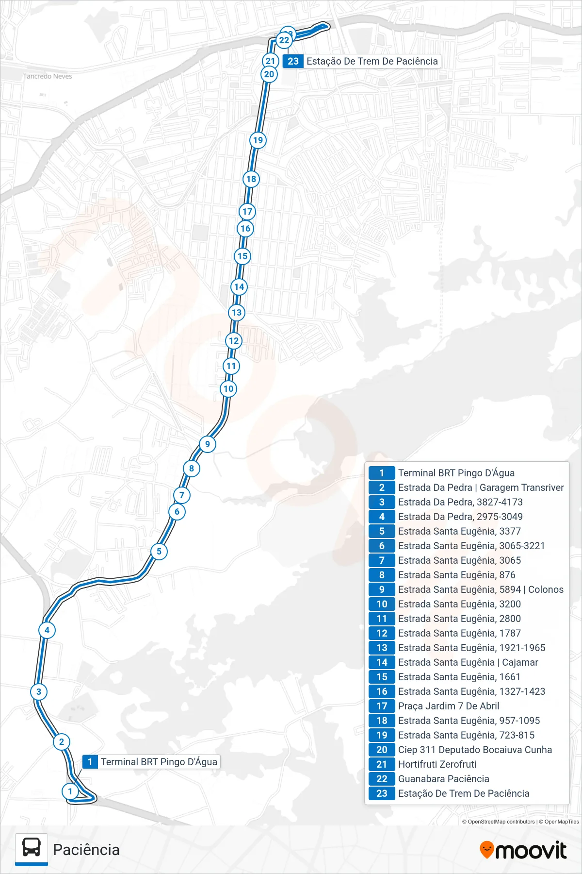 Rota e paradas da linha de ônibus 897 (Paciência) no mapa