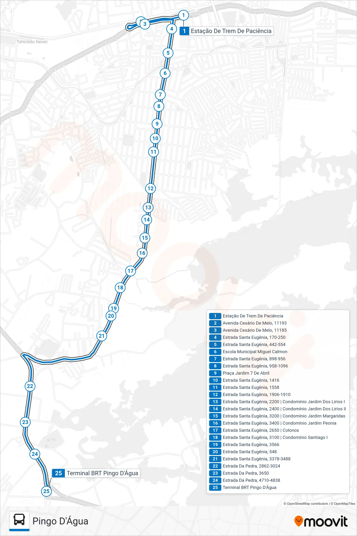 Rota e paradas da linha de ônibus 897 (Pingo D'Água) no mapa