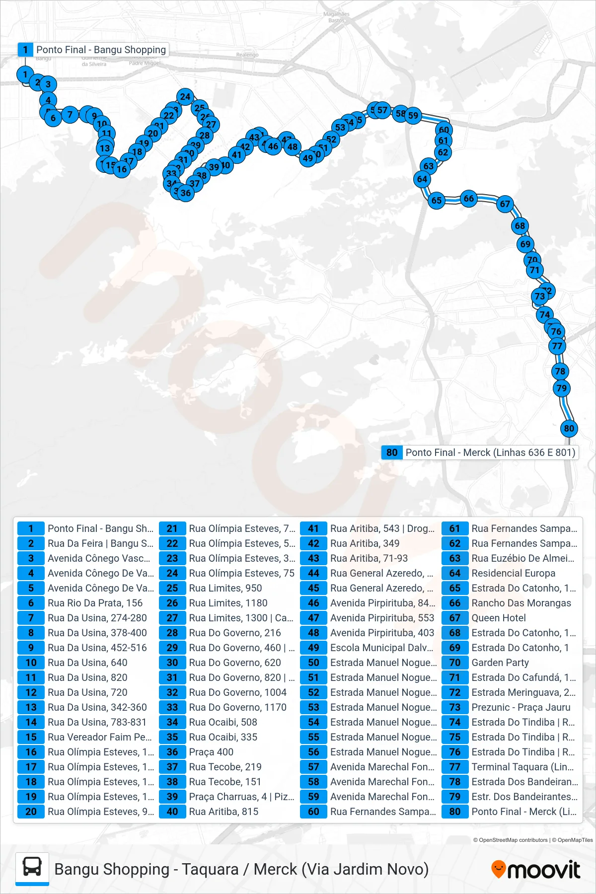 Rota e paradas da linha de ônibus 801 (Taquara (Merck)) no mapa