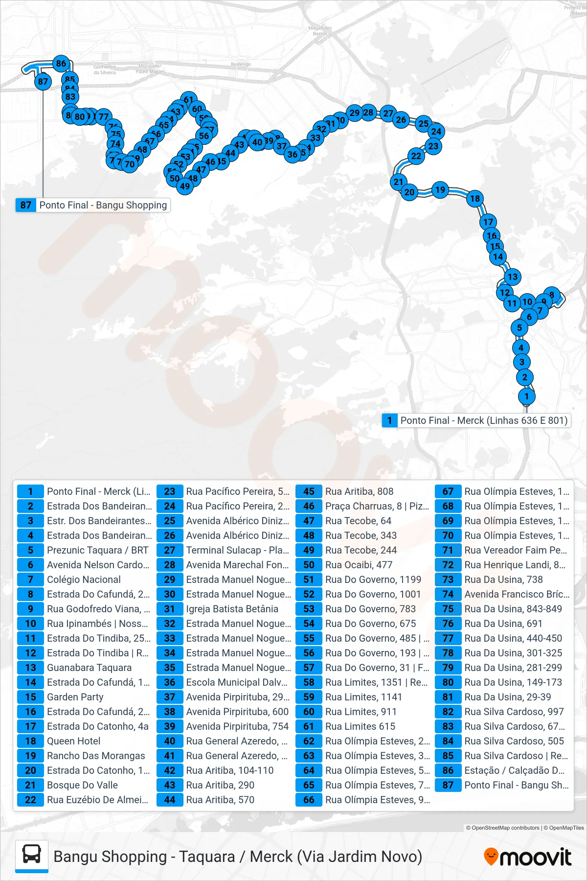 Rota e paradas da linha de ônibus 801 (Bangu Shopping) no mapa
