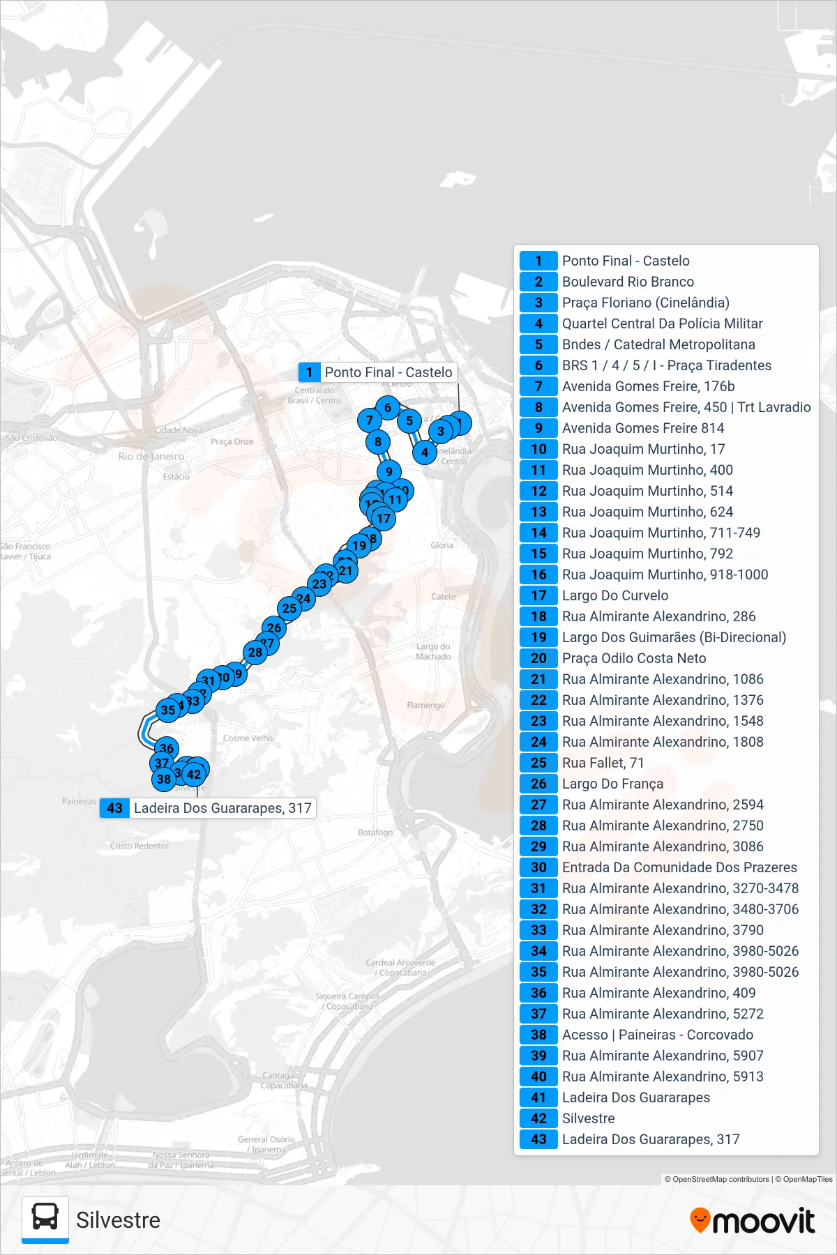 Rota e paradas da linha de ônibus  006  (Silvestre) no mapa