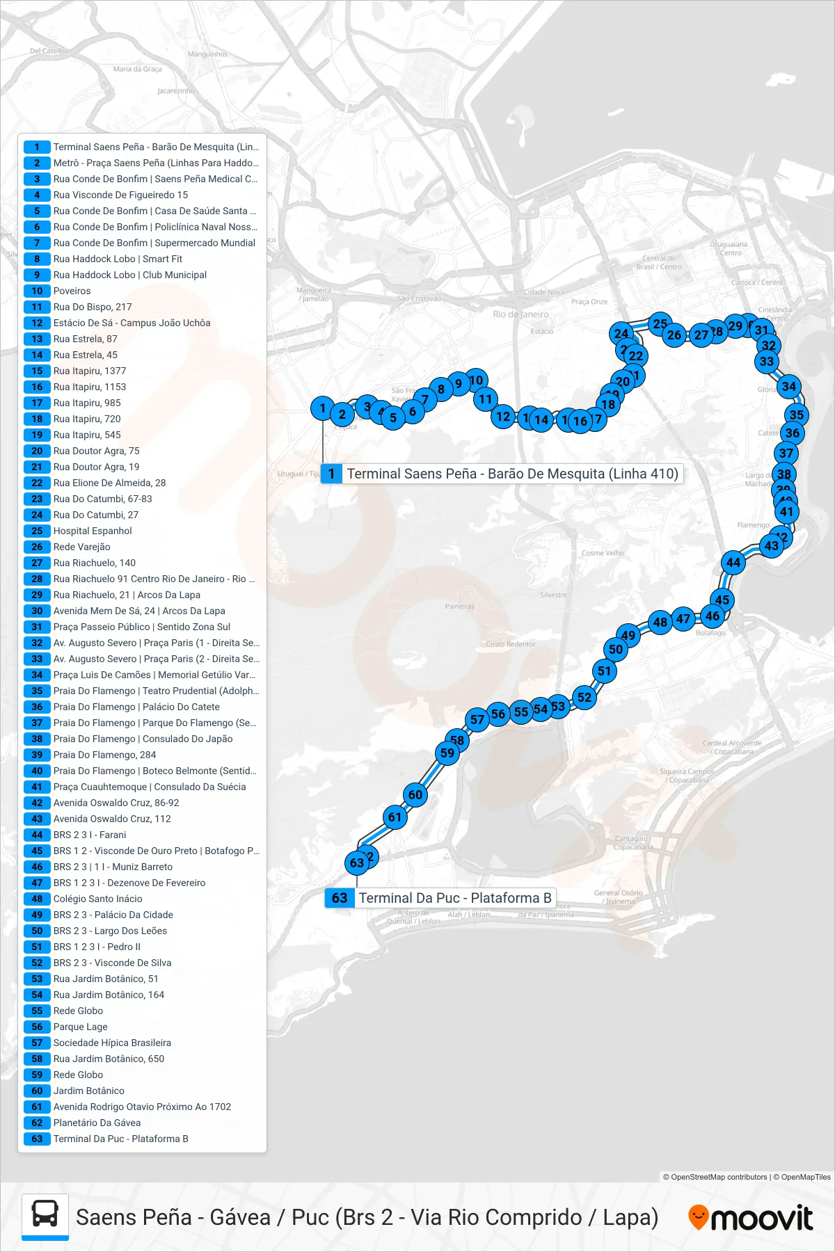 Rota e paradas da linha de ônibus 410 (Gávea / Puc) no mapa