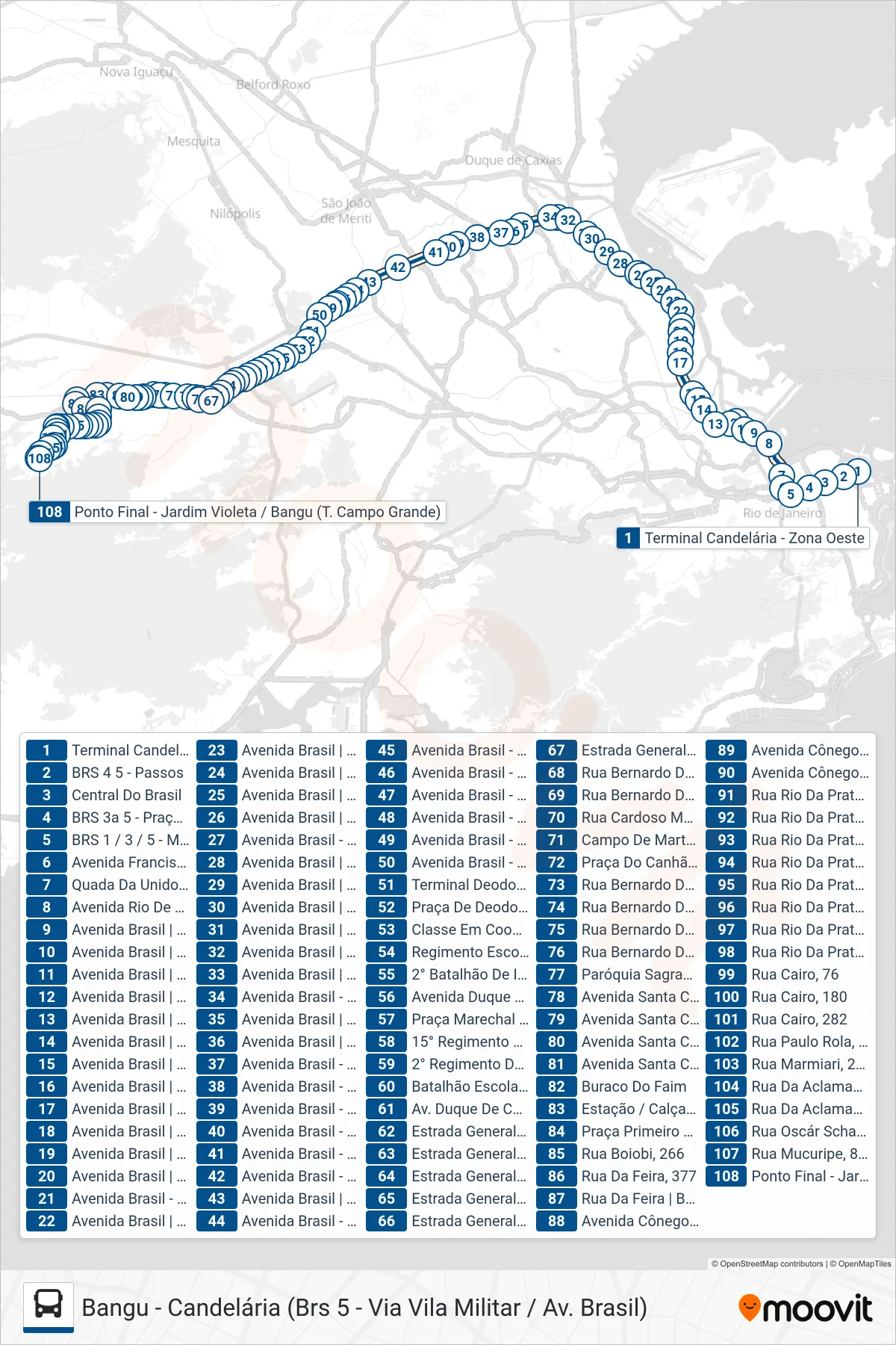 Rota e paradas da linha de ônibus 393 (Bangu (Parador)) no mapa