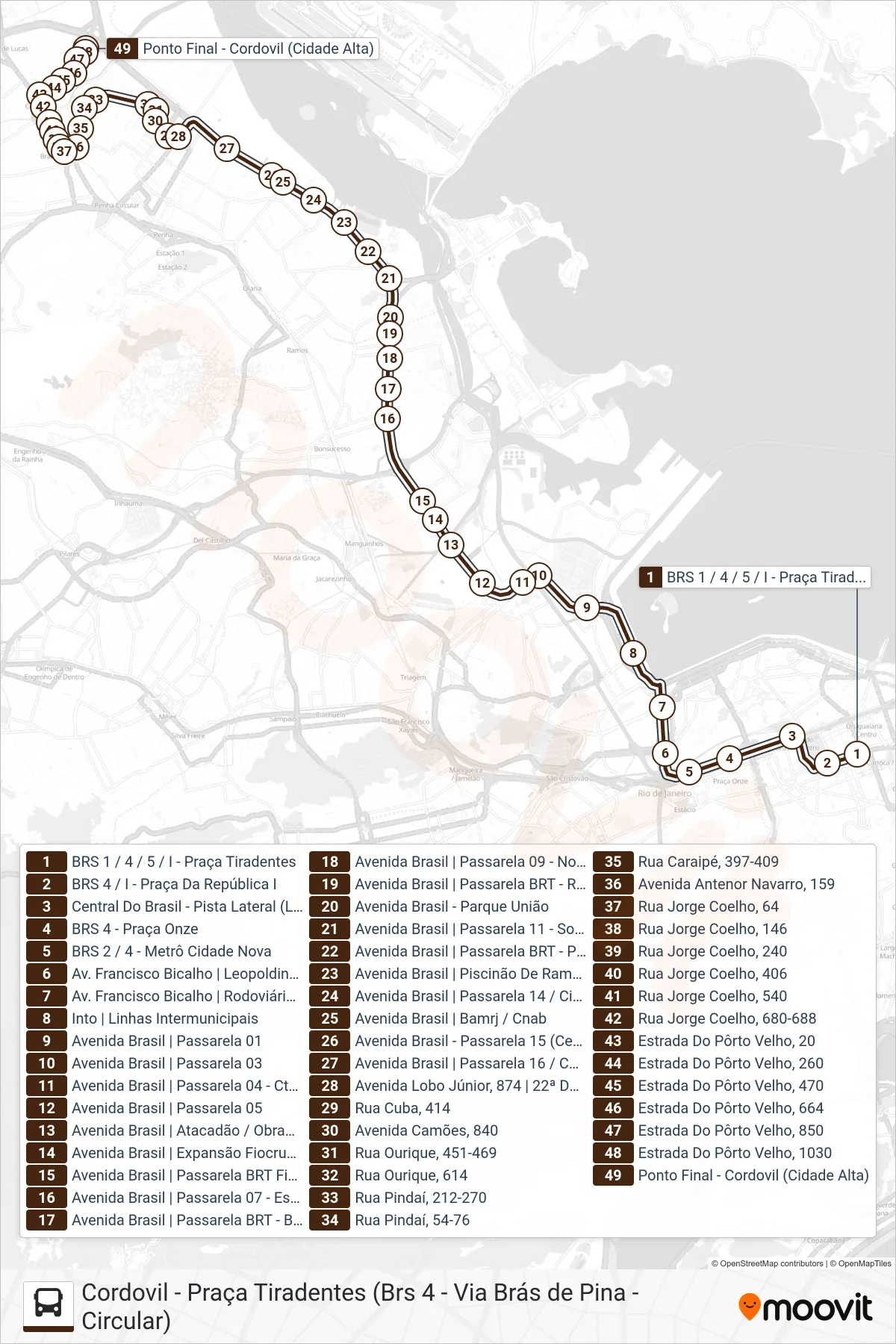 Rota e paradas da linha de ônibus 335 (Cordovil (Parador)) no mapa