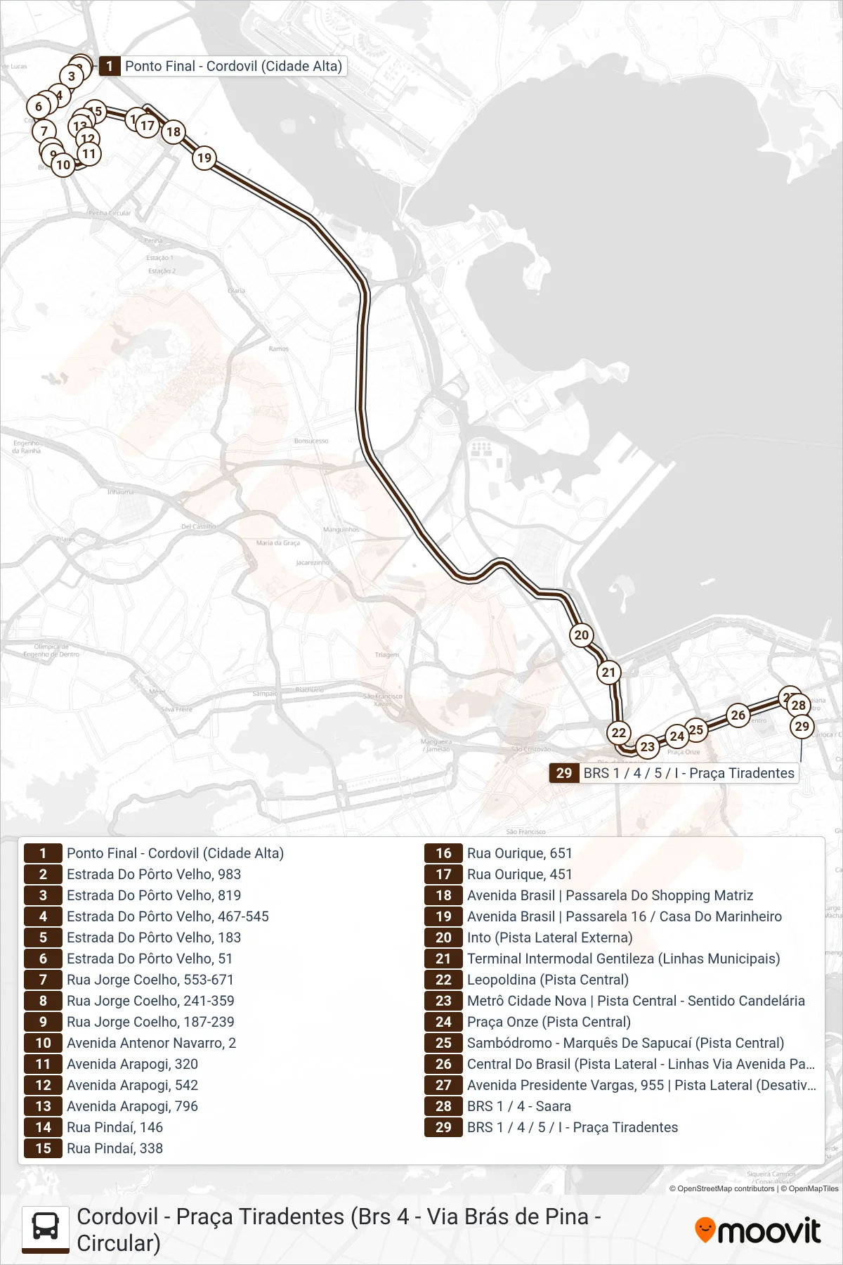 Rota e paradas da linha de ônibus  335  (Tiradentes (Rápido)) no mapa