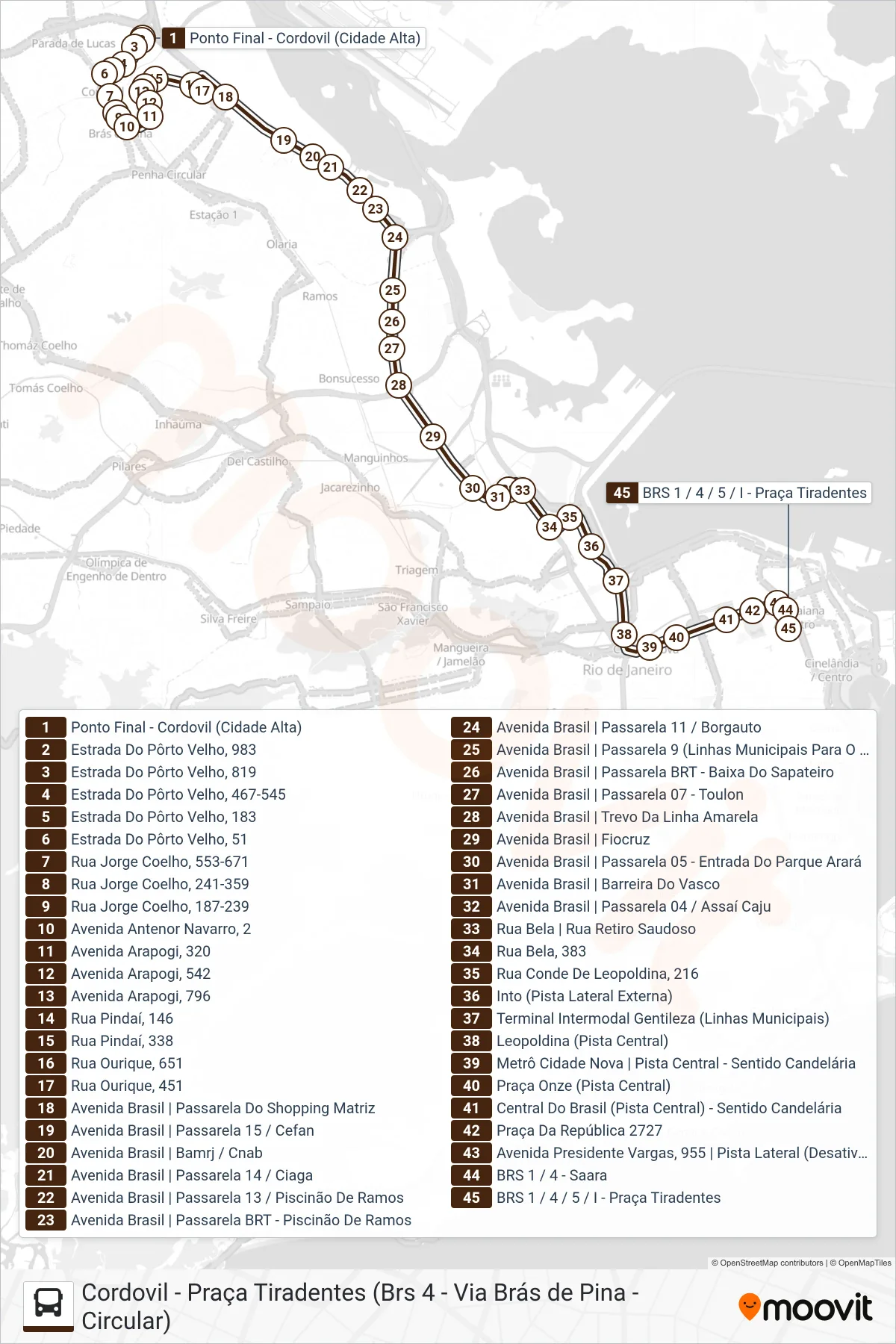 Rota e paradas da linha de ônibus 335 (Tiradentes (Parador)) no mapa