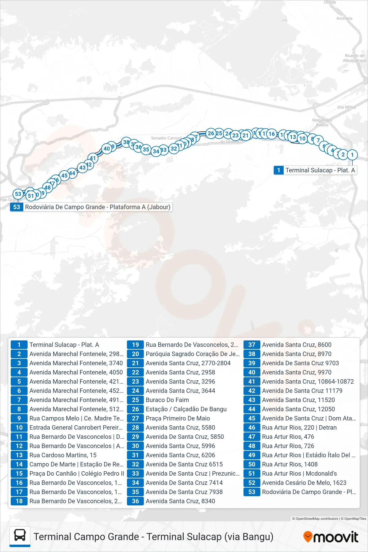 864 bus Line (Campo Grande) route and stops on a map