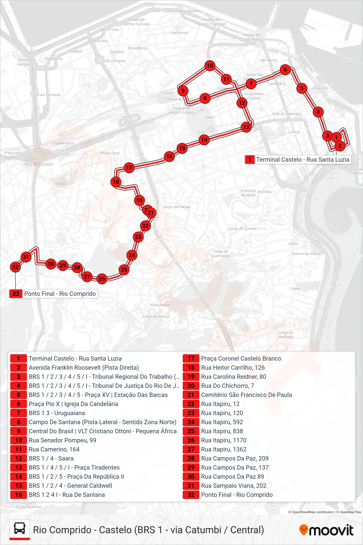 Rota e paradas da linha de ônibus 202 (Rio Comprido) no mapa