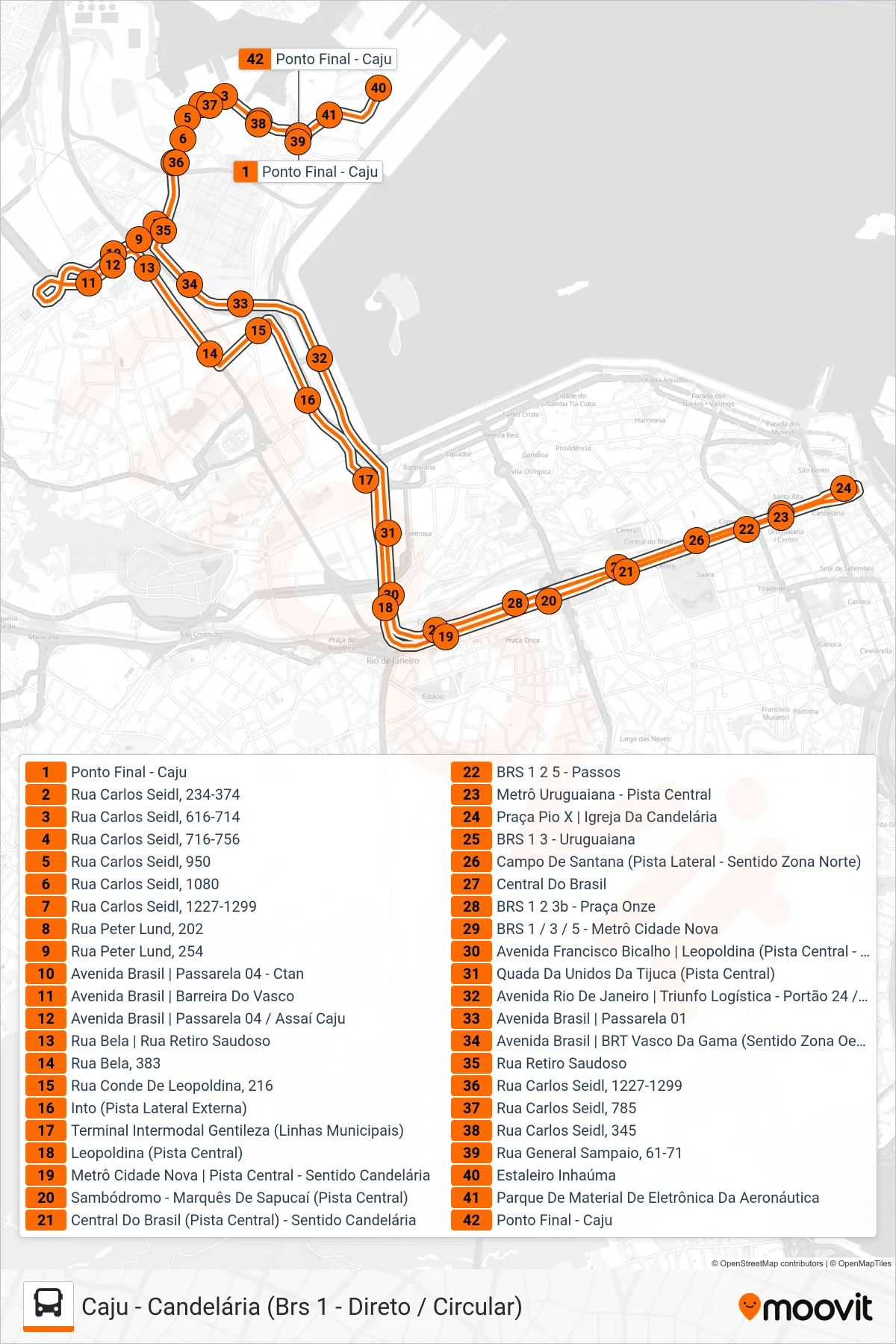 Rota e paradas da linha de ônibus 210 (Caju ↔ Candelária (Circular)) no mapa