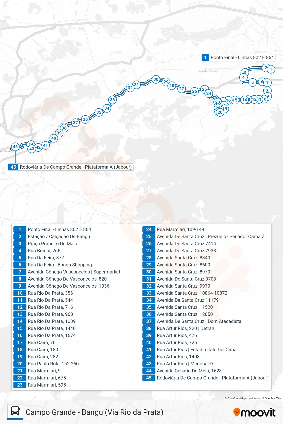 Rota e paradas da linha de ônibus 802 (Campo Grande) no mapa