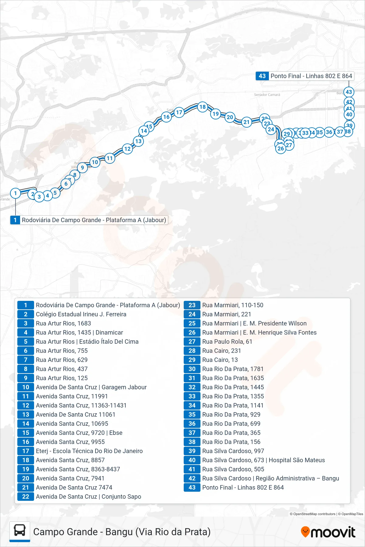Rota e paradas da linha de ônibus 802 (Bangu) no mapa