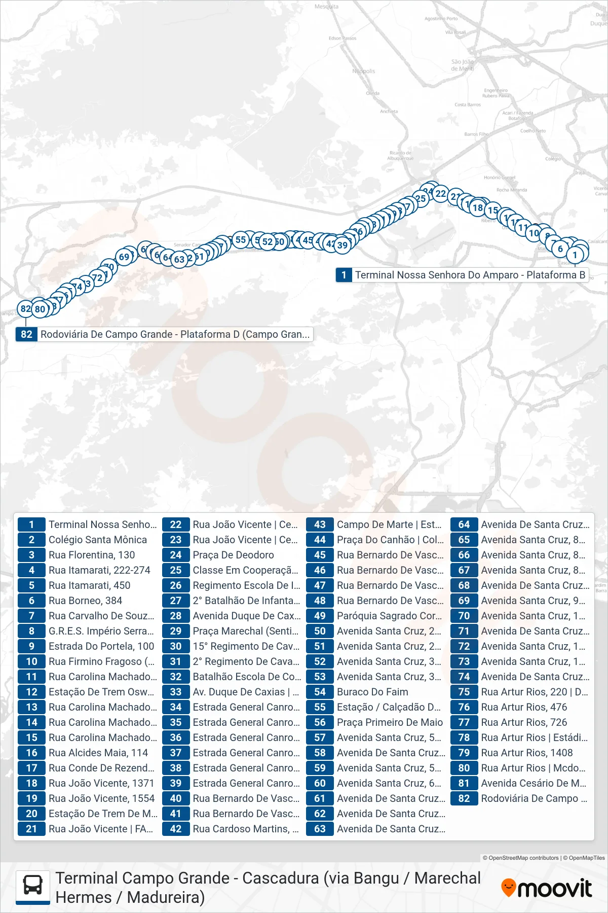 Rota e paradas da linha de ônibus  786  (Campo Grande) no mapa