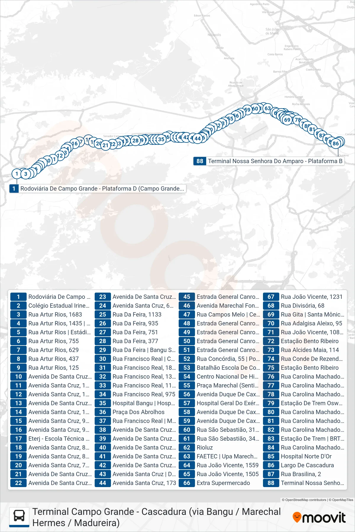 Rota e paradas da linha de ônibus 786 (Cascadura) no mapa
