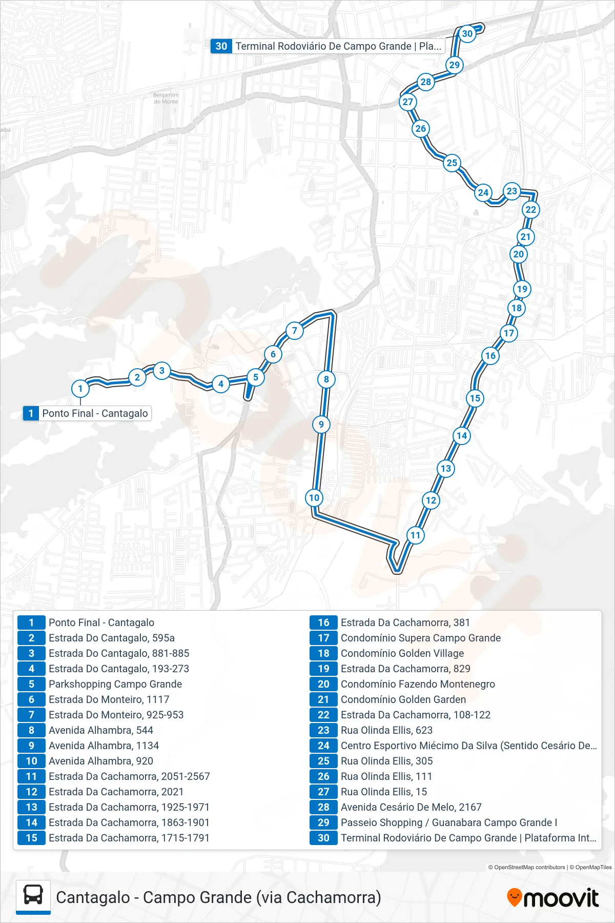 845 bus Line (Campo Grande) route and stops on a map