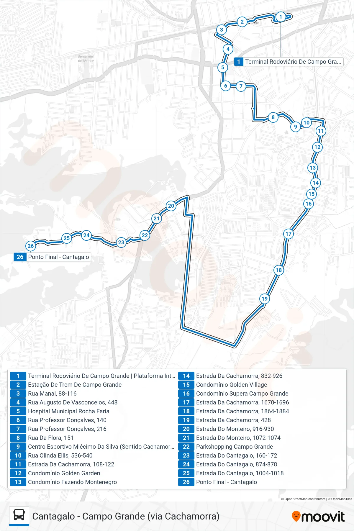 845 bus Line (Cantagalo) route and stops on a map
