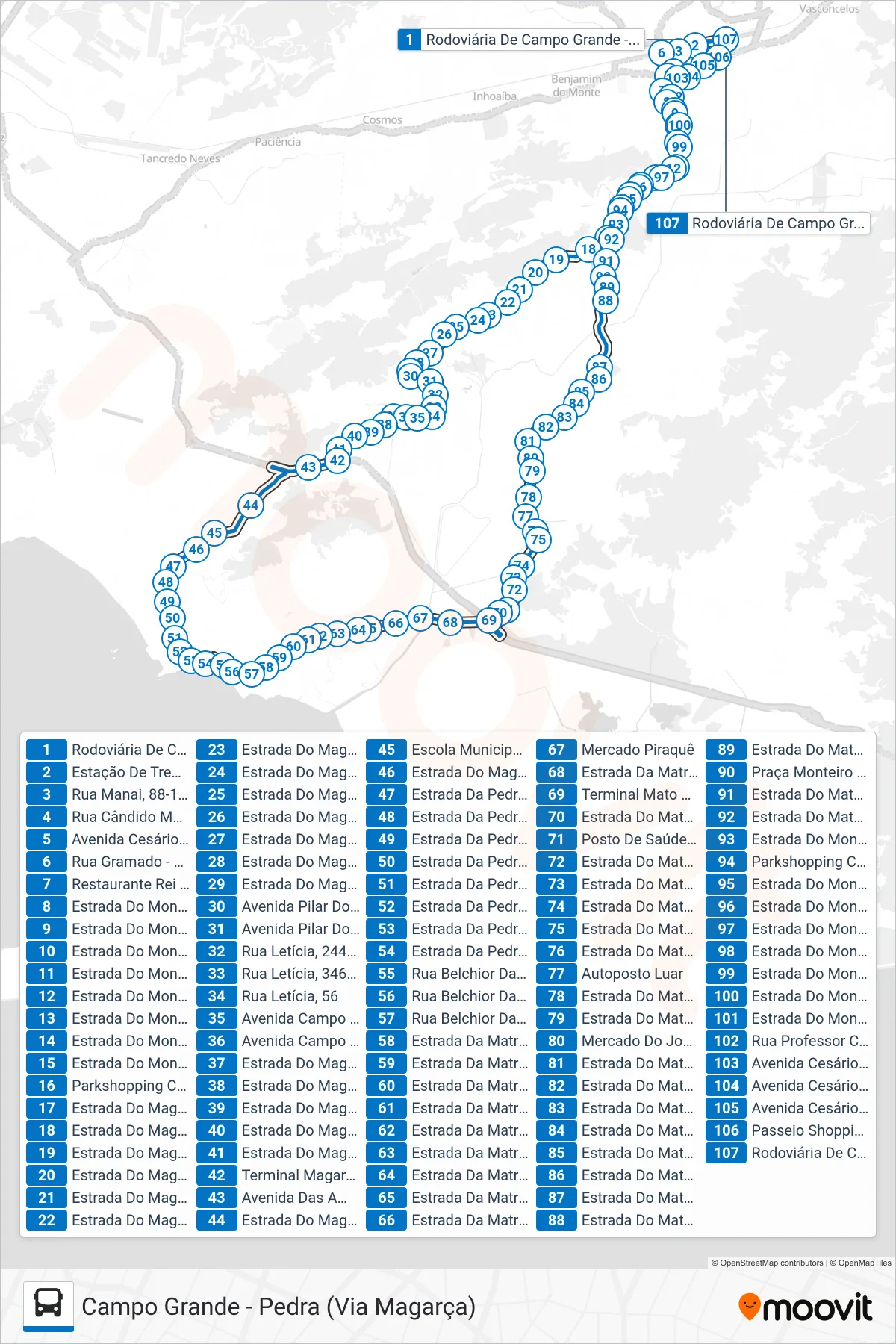 Rota e paradas da linha de ônibus 866 (Campo Grande ↔ Pedra (Via Magarça)) no mapa